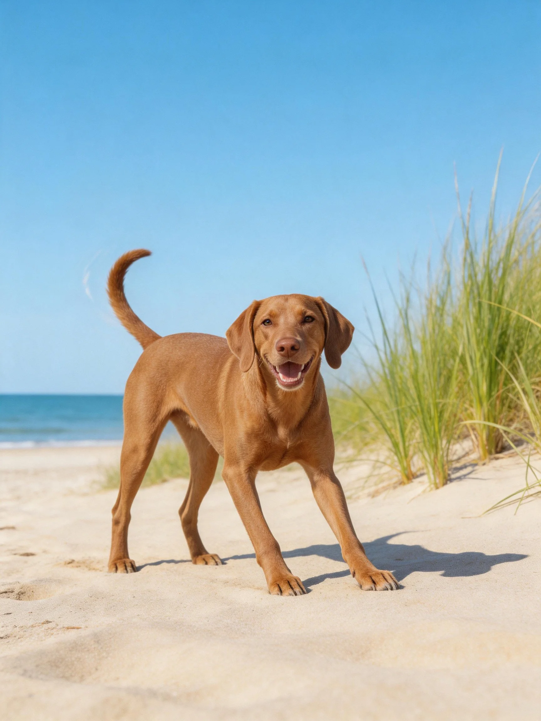 A cheerful brown dog stands on a sunny sandy beach near tall grass