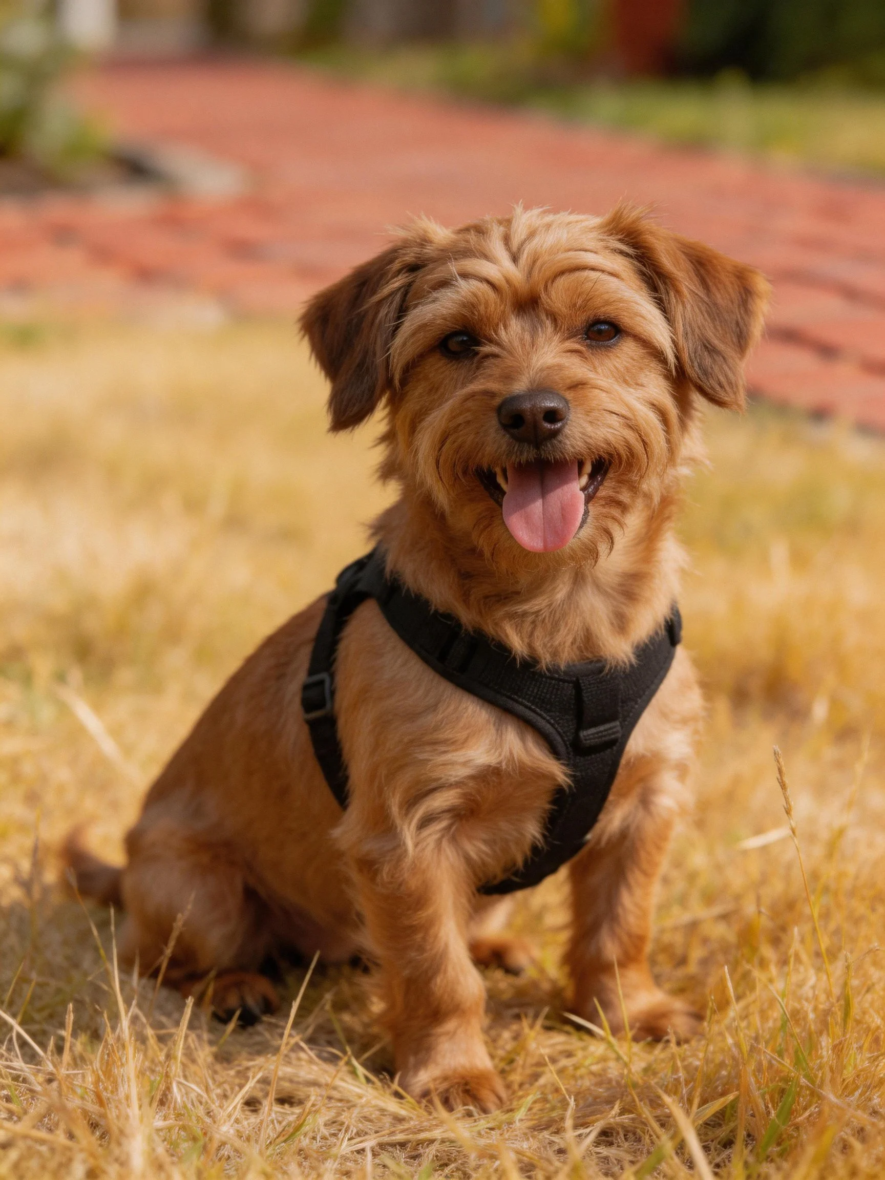 A brown dog in a black harness sits happily on golden grass outdoors.