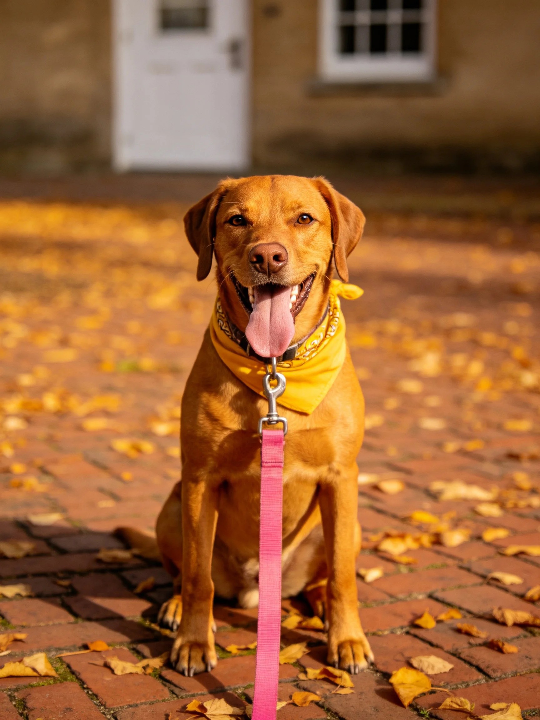 A happy brown dog with a yellow bandana sits on a leaf-covered brick area.