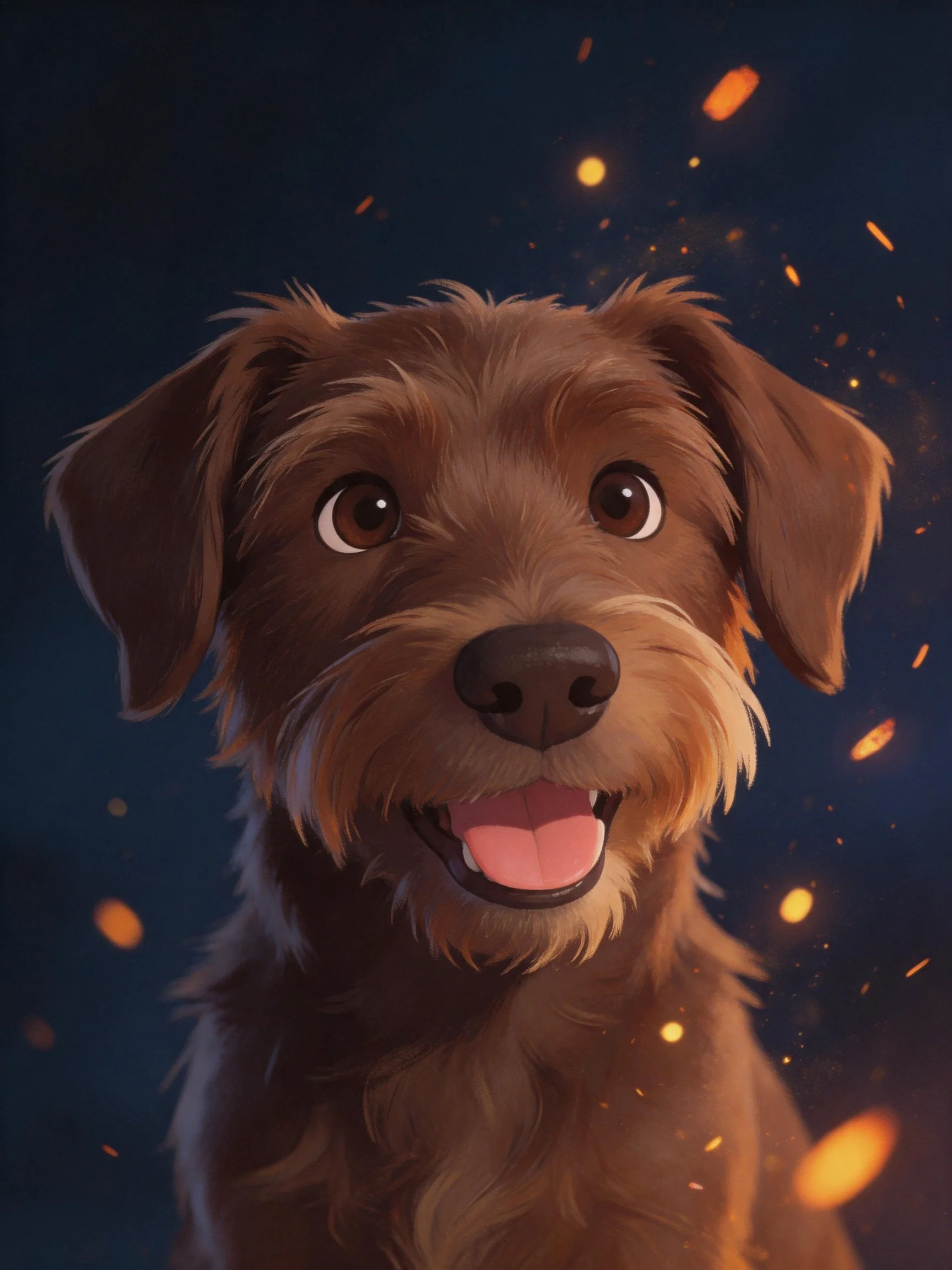A cheerful brown dog is surrounded by golden sparkles in a dark blue setting.