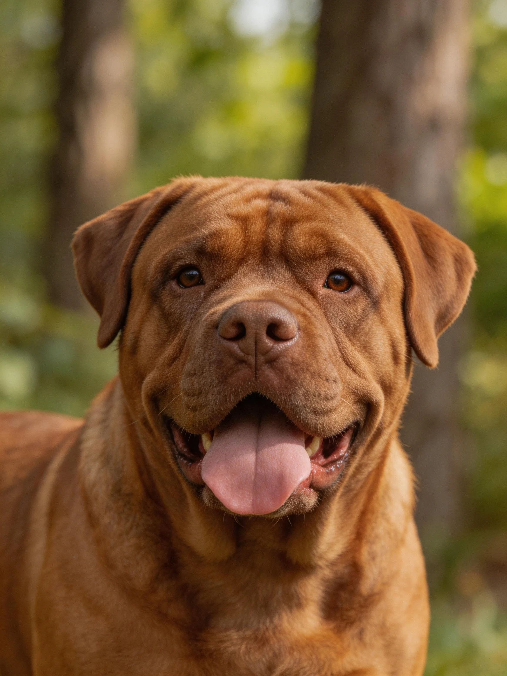 A cheerful brown dog with tongue out in a forest setting