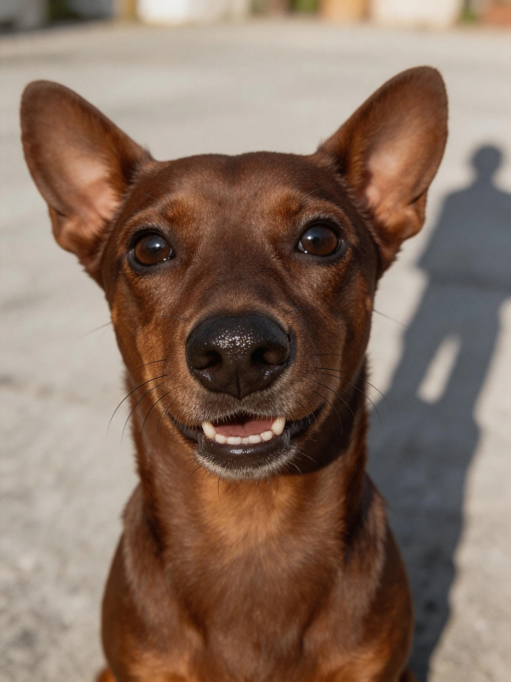 A cheerful brown dog with upright ears on a concrete surface