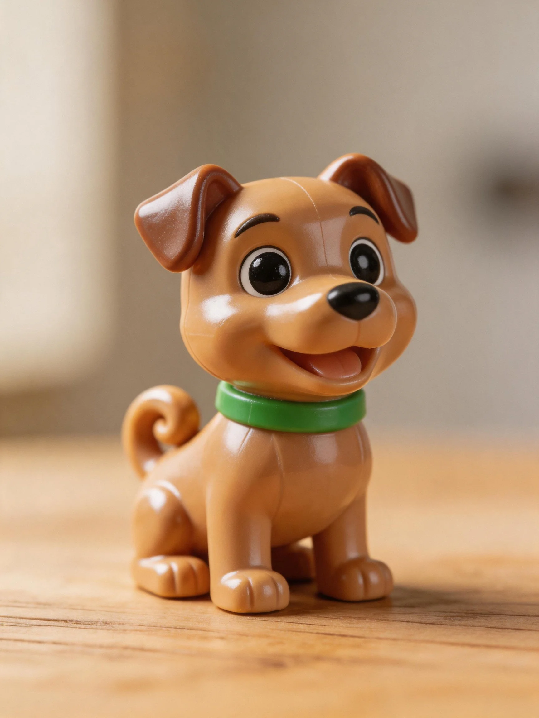 A cheerful brown plastic dog figurine sits on a wooden surface.