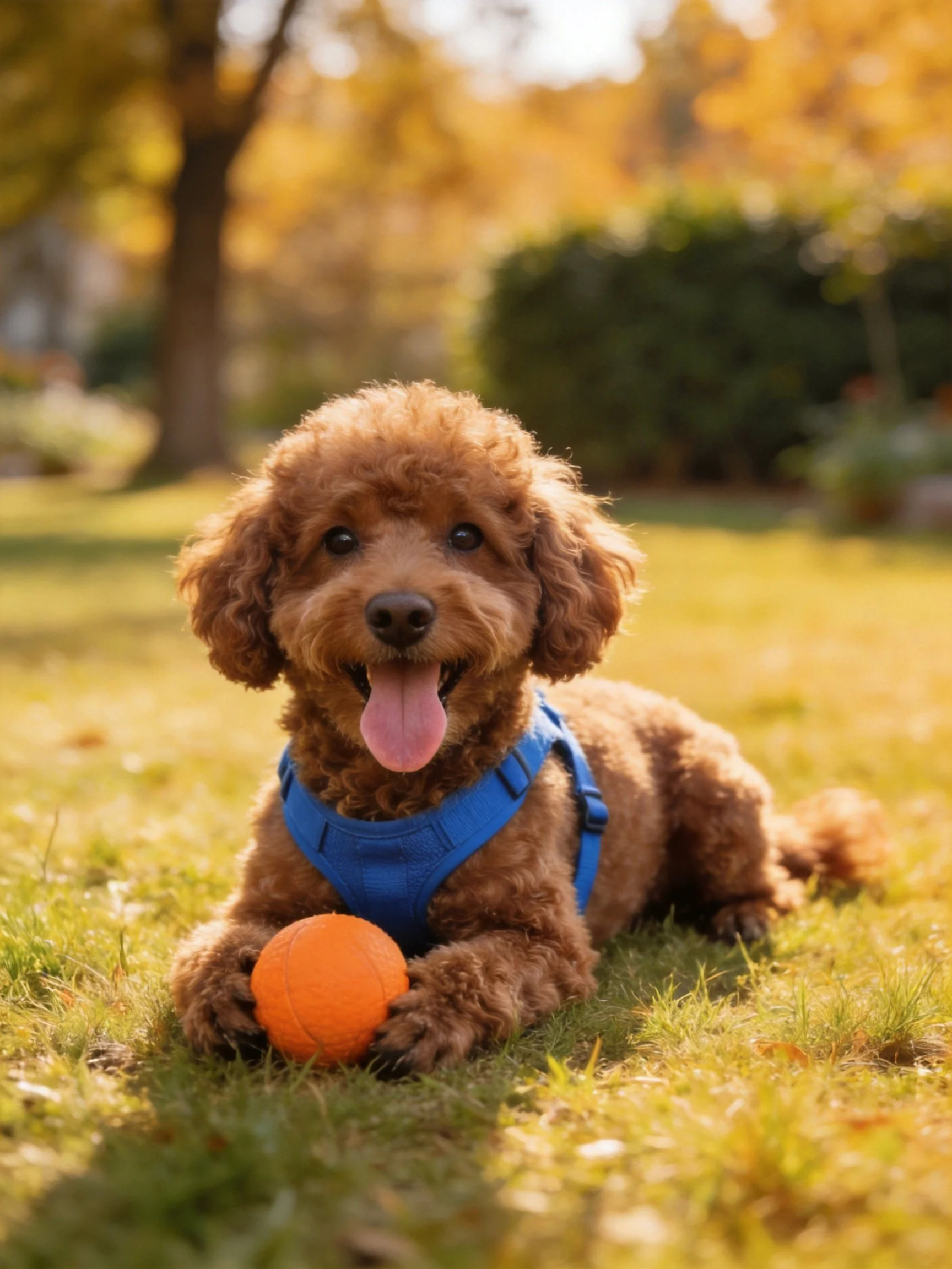 A cheerful brown poodle relaxes outdoors with an orange ball near green grass.