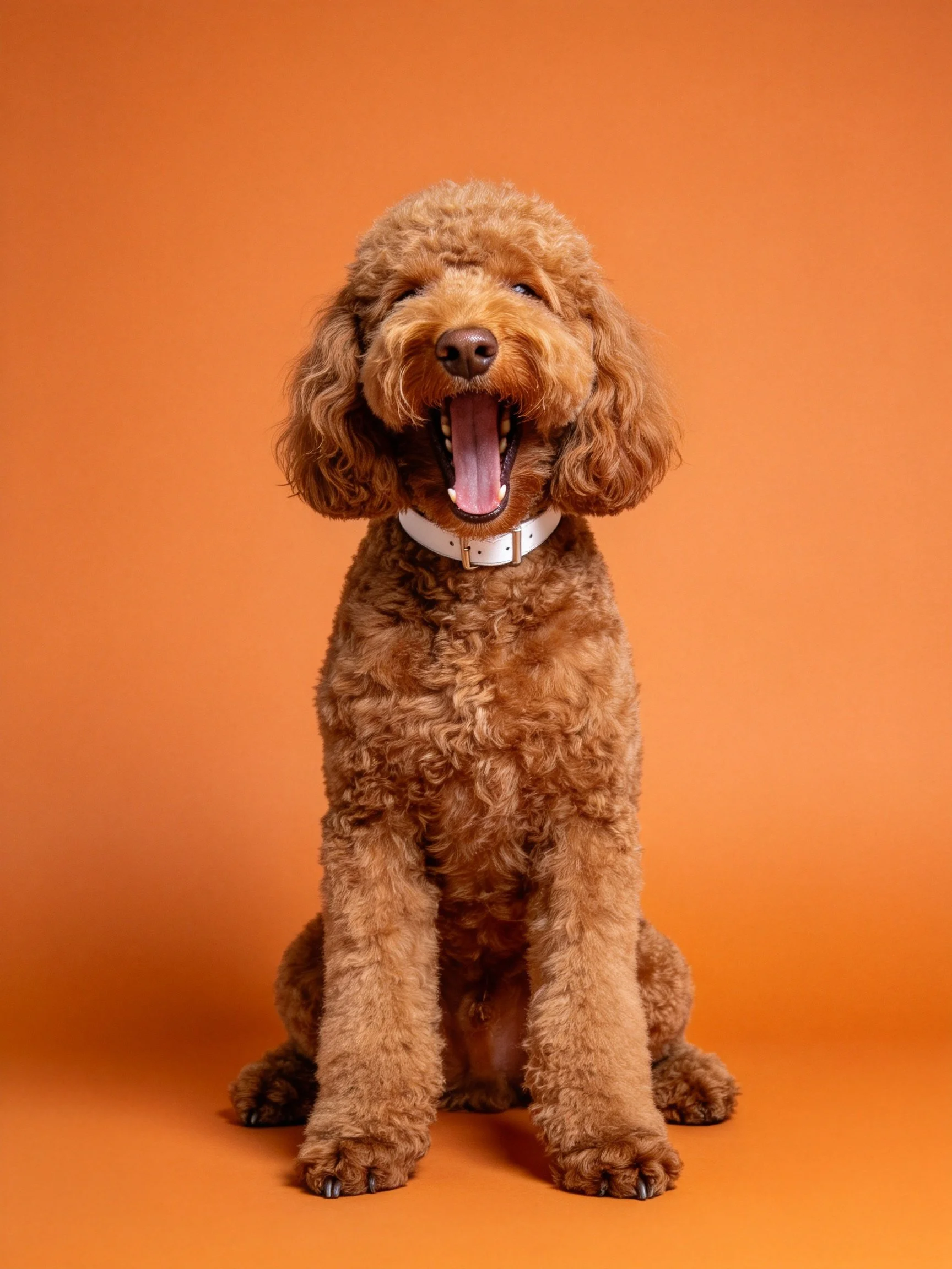 A cheerful brown poodle sits against an orange backdrop