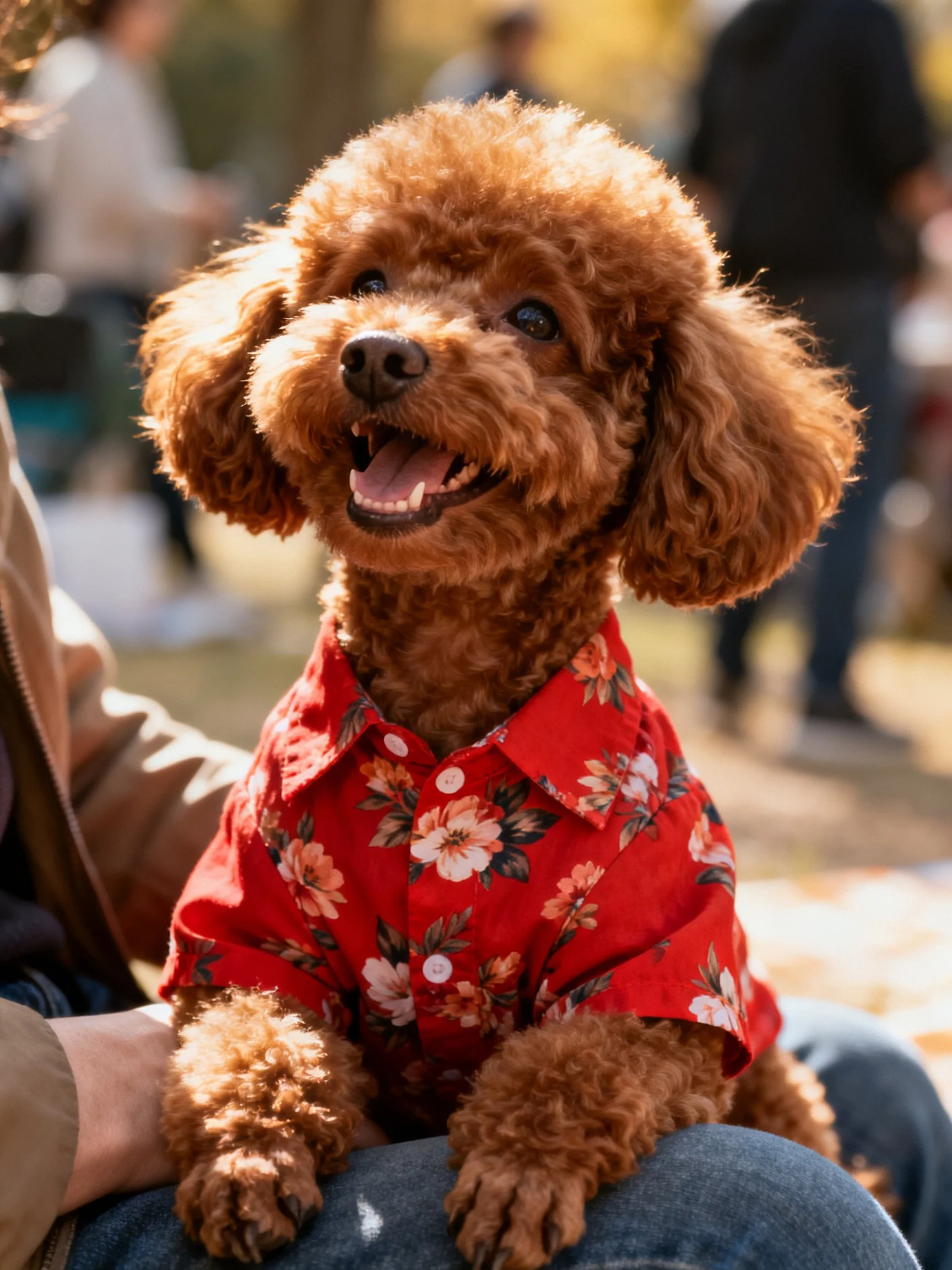 A cheerful brown poodle wears a red floral shirt in an outdoor setting.