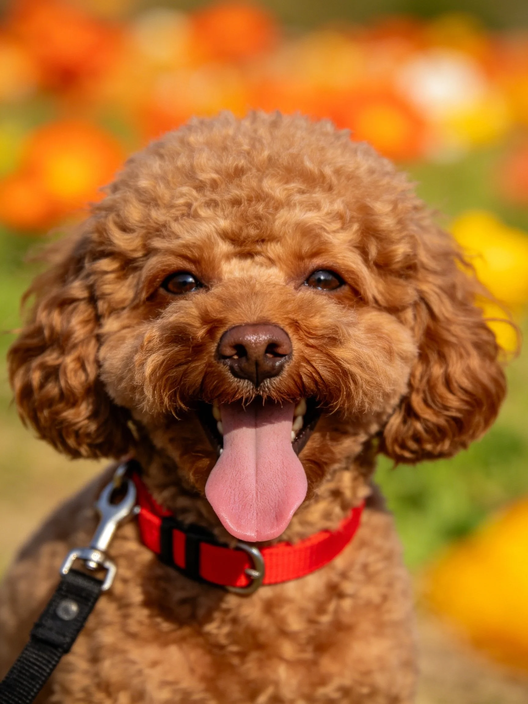 A cheerful brown poodle with red collar near vibrant flowers