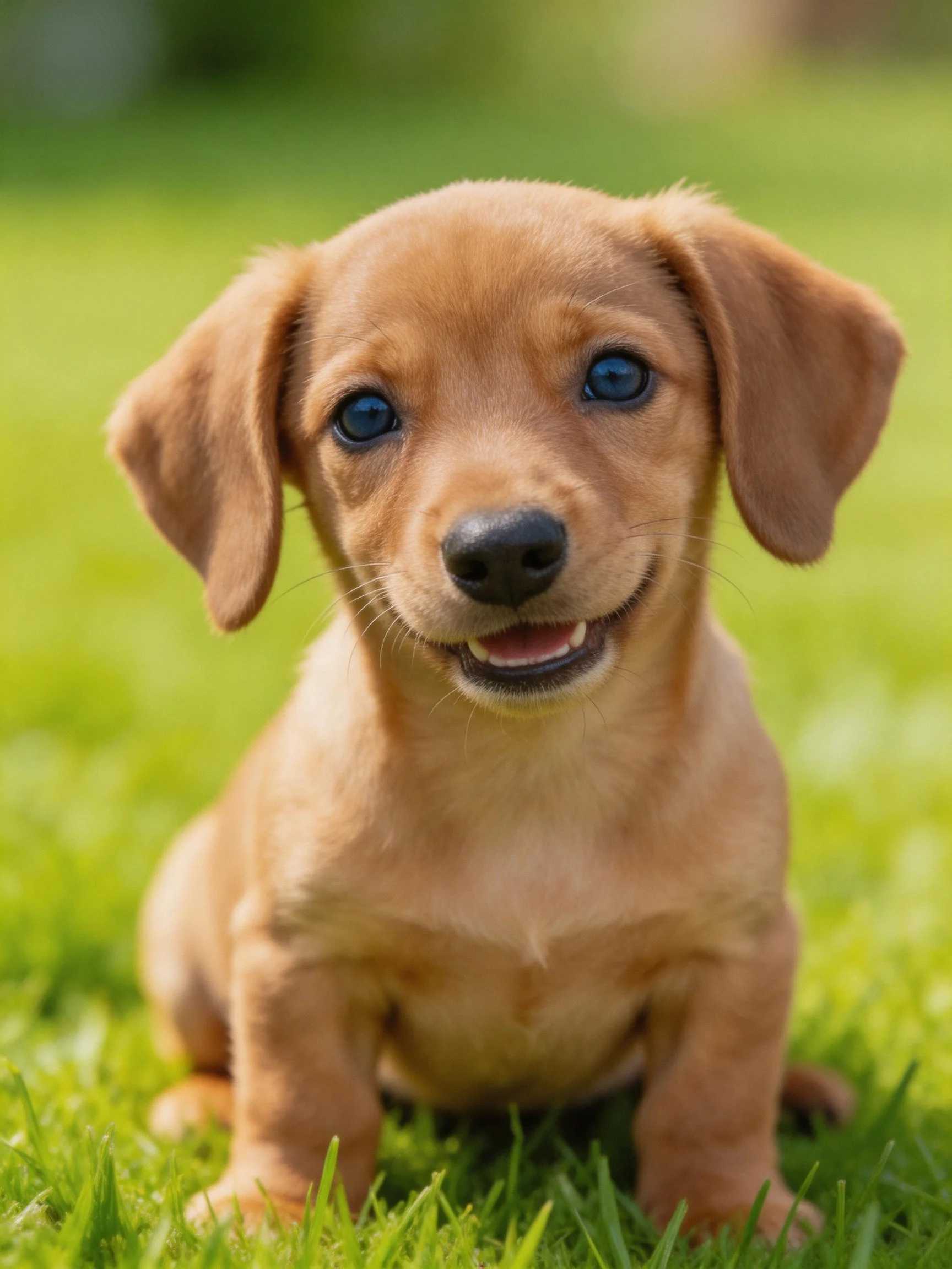 A cheerful brown puppy sits contentedly on green grass.