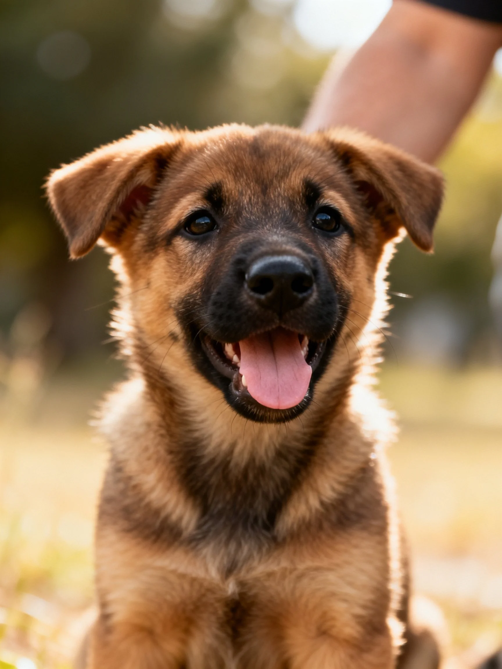 A cheerful brown puppy with black markings outdoors