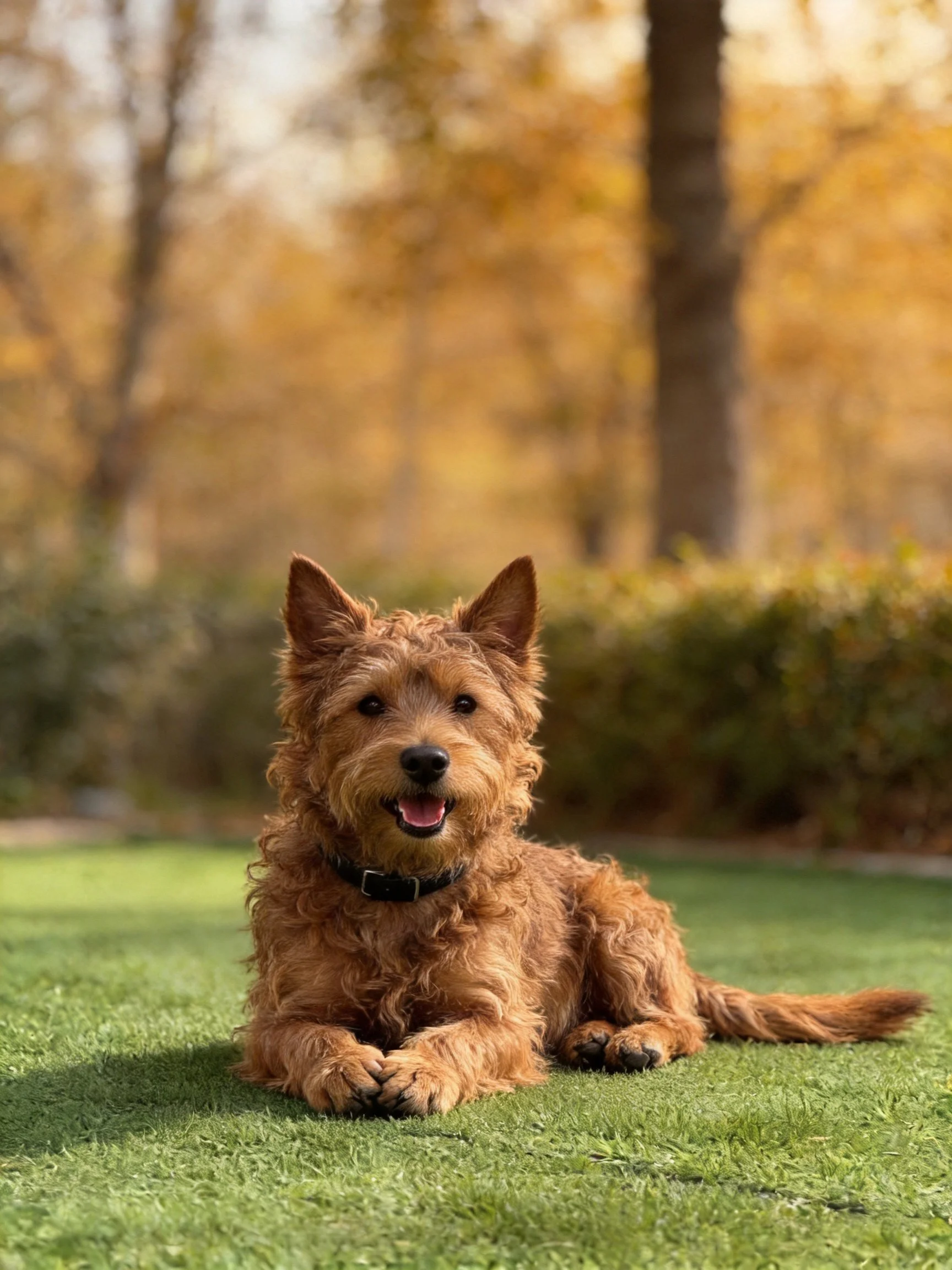 A cheerful brown terrier rests on green grass amid autumn foliage