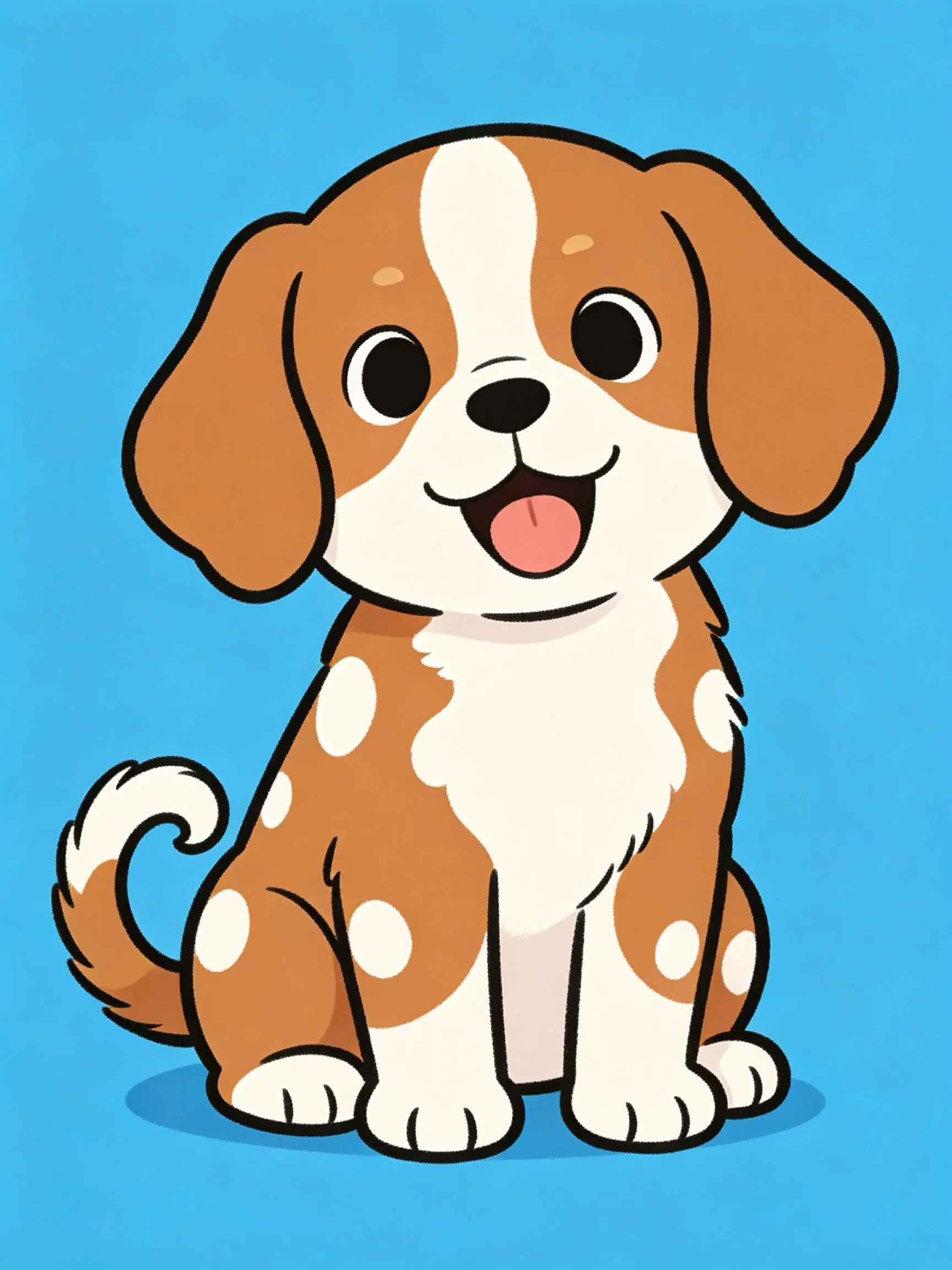 A cheerful cartoon dog with brown and white patches sits against a bright blue background