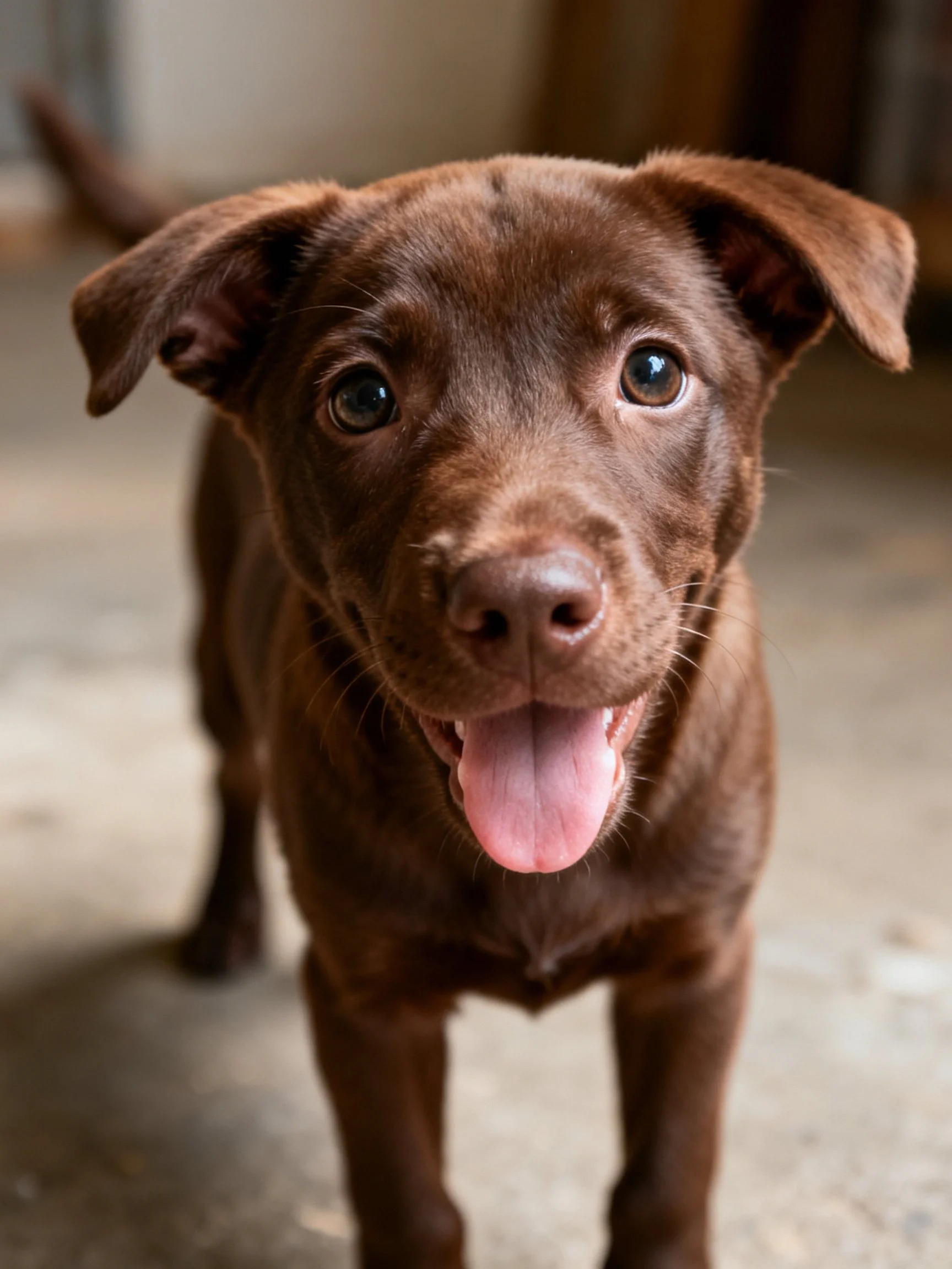 A cheerful chocolate puppy with floppy ears