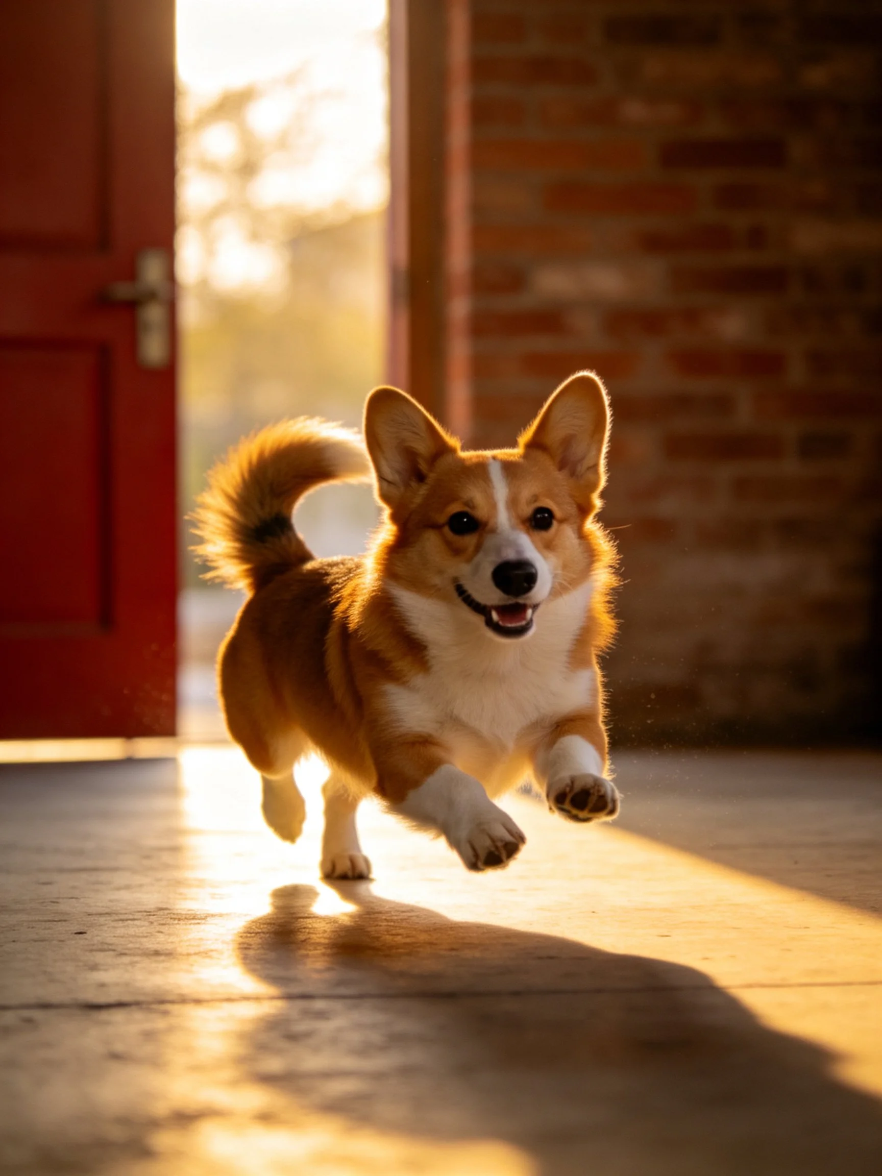 A cheerful corgi dashes into golden sunlight near a red door