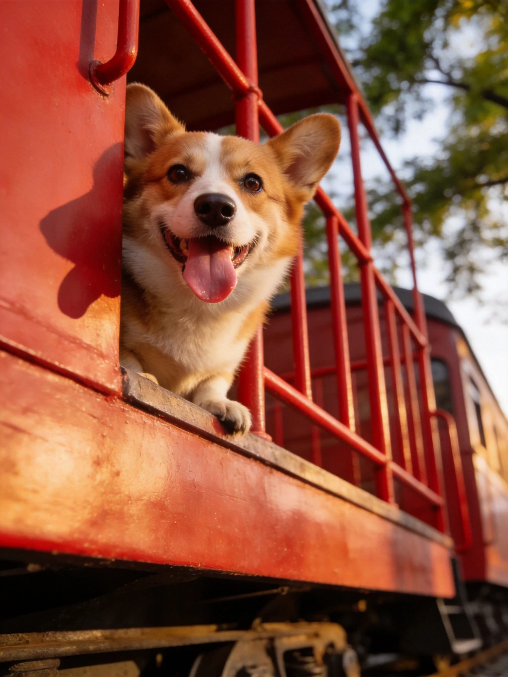 A joyful corgi sticks its head out of a red vintage train under sunlight.