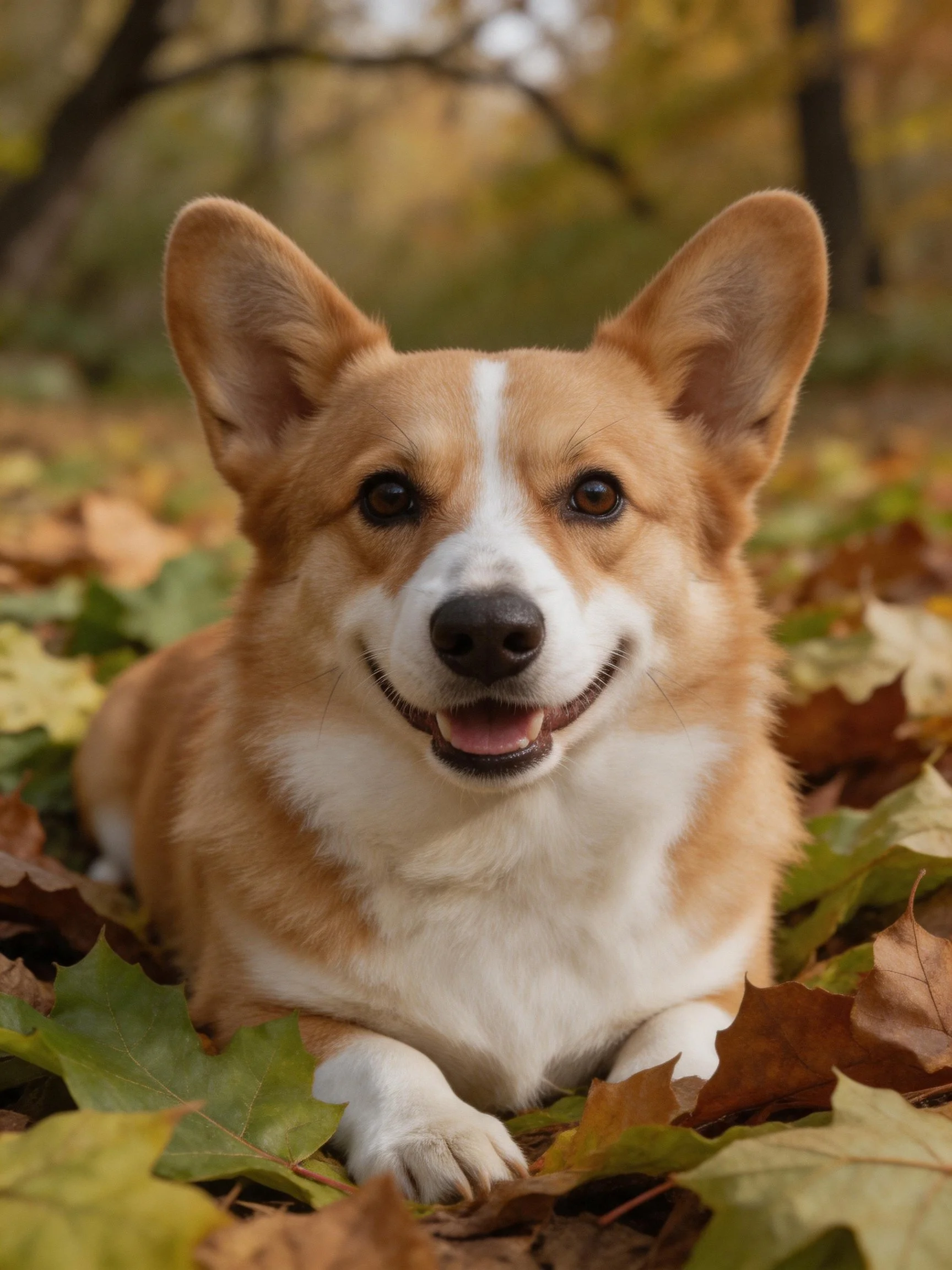A smiling corgi relaxes among vibrant fall foliage outdoors.