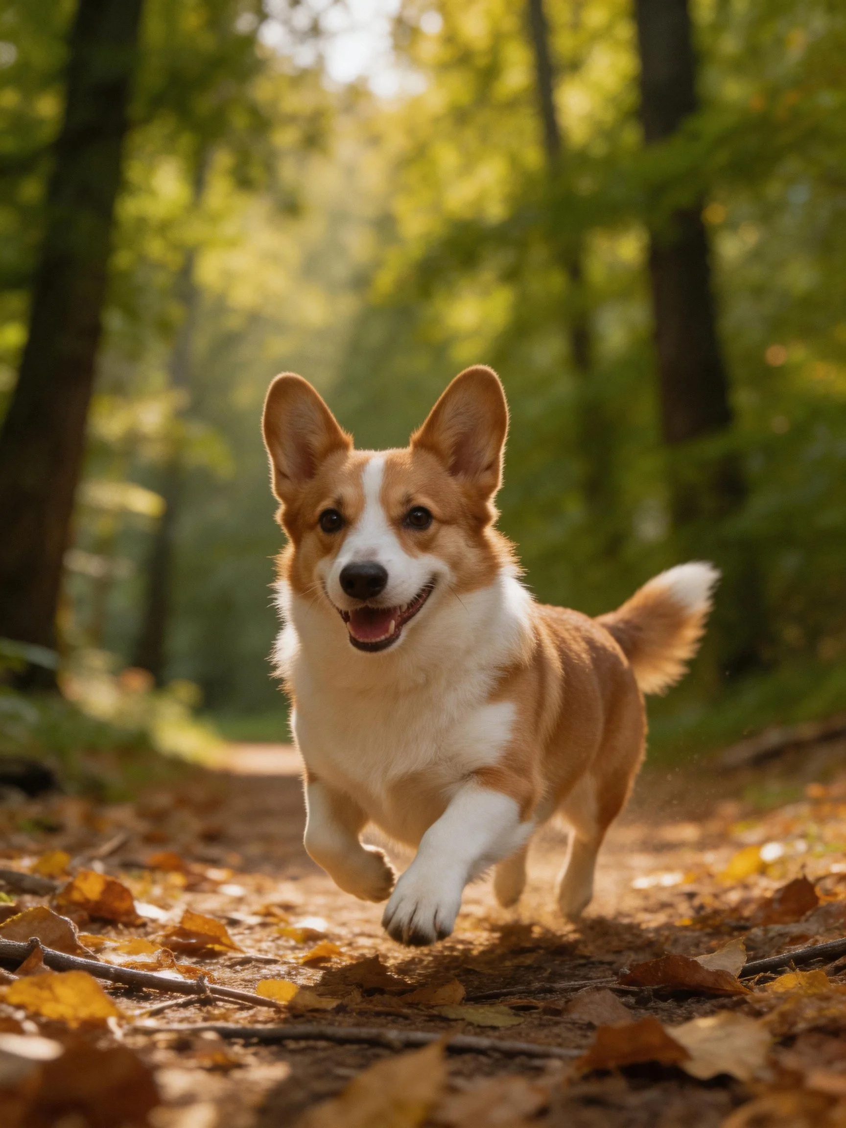A happy corgi joyfully runs along a leaf-strewn forest trail.