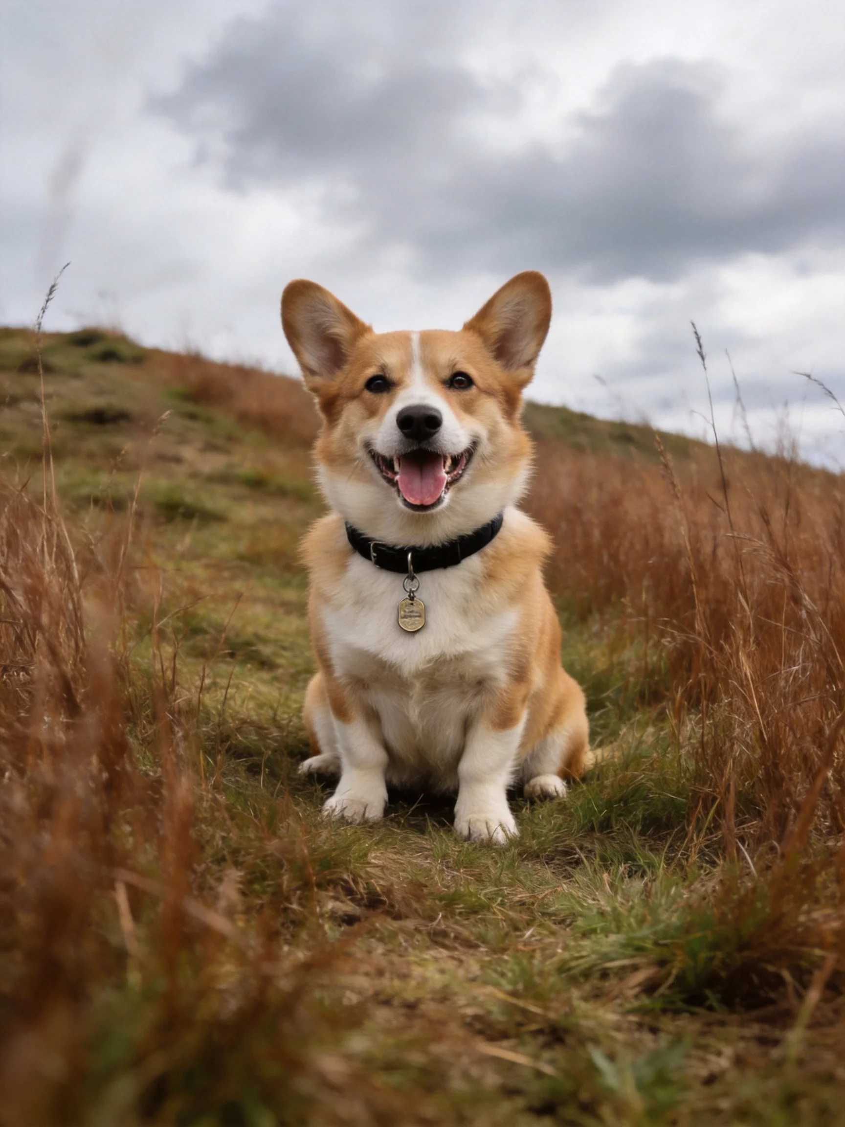 A happy corgi sits calmly in tall grass under a cloudy sky.