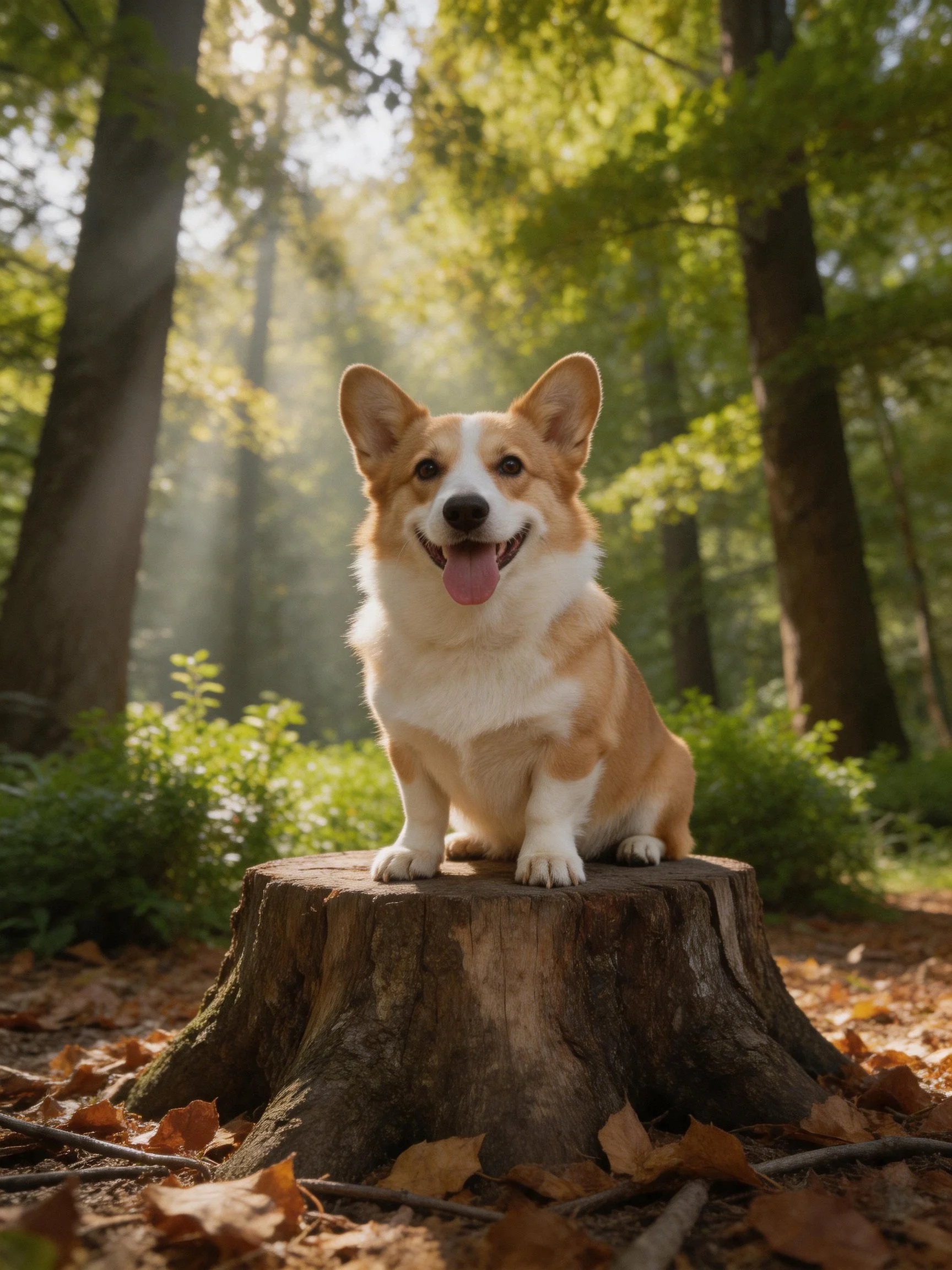 A happy corgi rests on a tree stump in a sunlit forest setting.