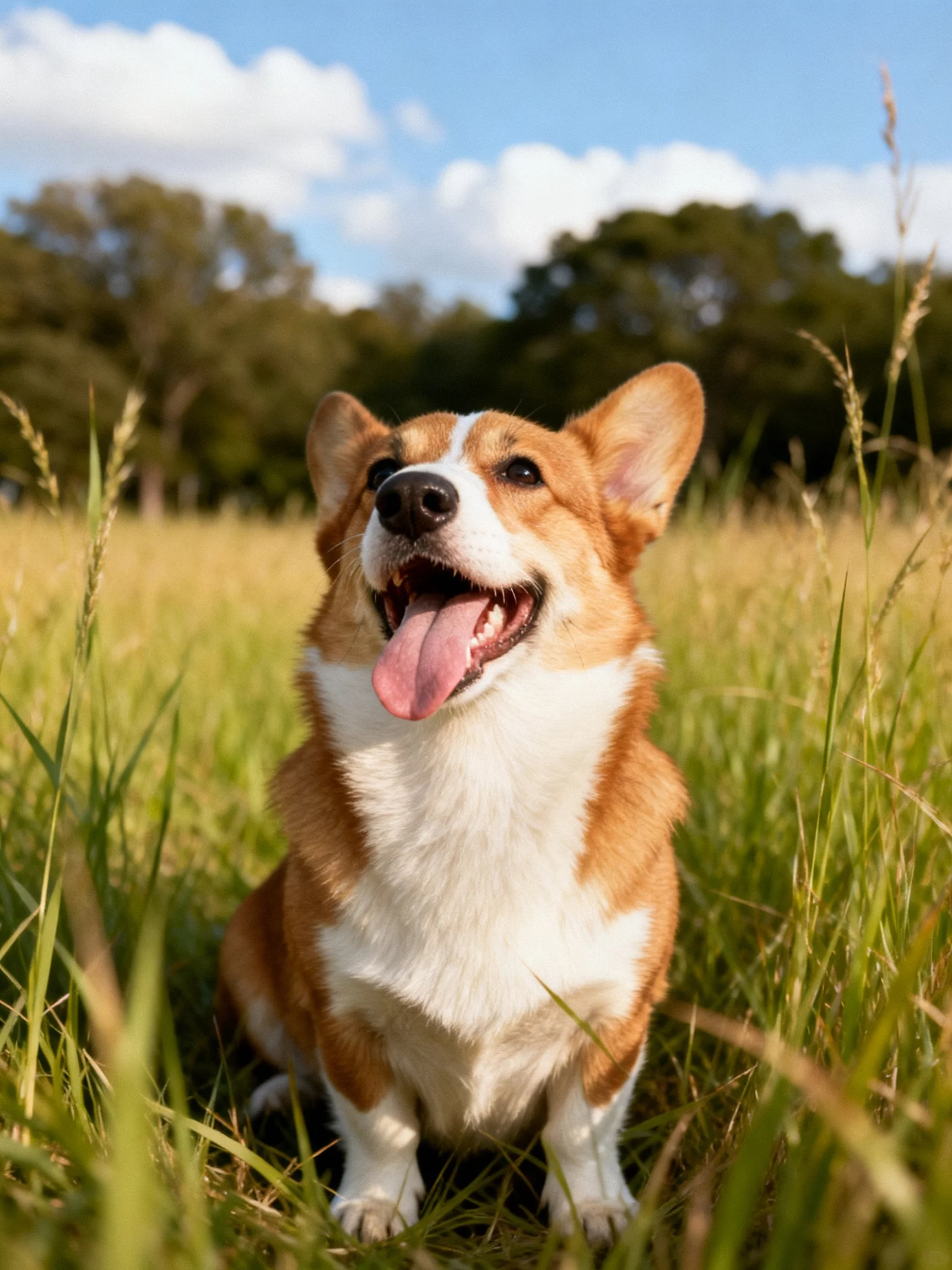 A happy corgi enjoys a sunny day among tall grass in an open field