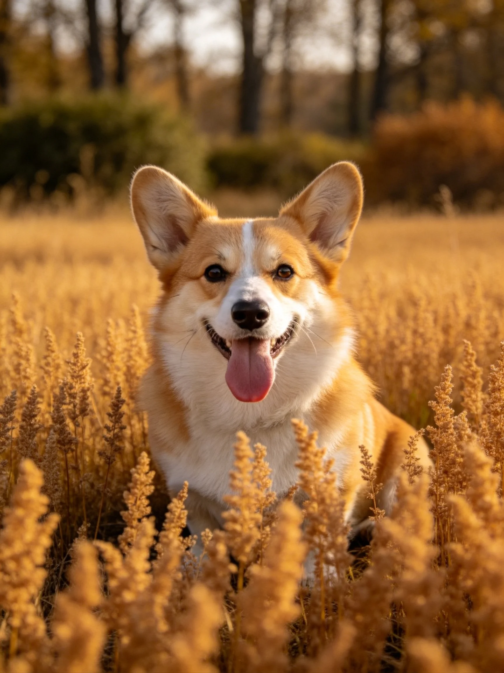 A cheerful corgi enjoys a sunny autumn field surrounded by golden plants.
