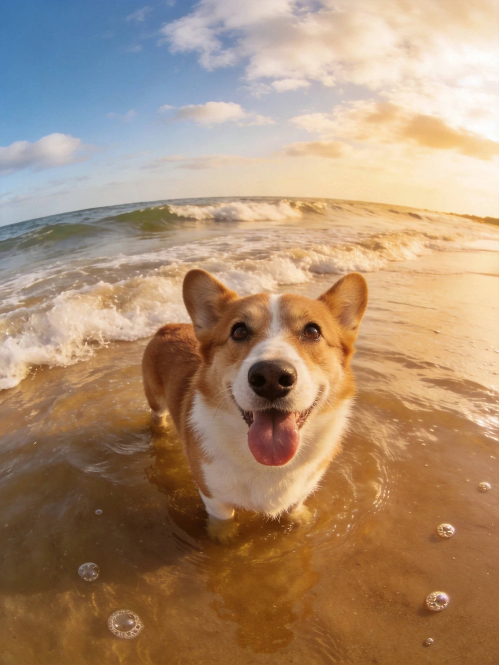 A cheerful corgi stands in shallow ocean water during golden hour