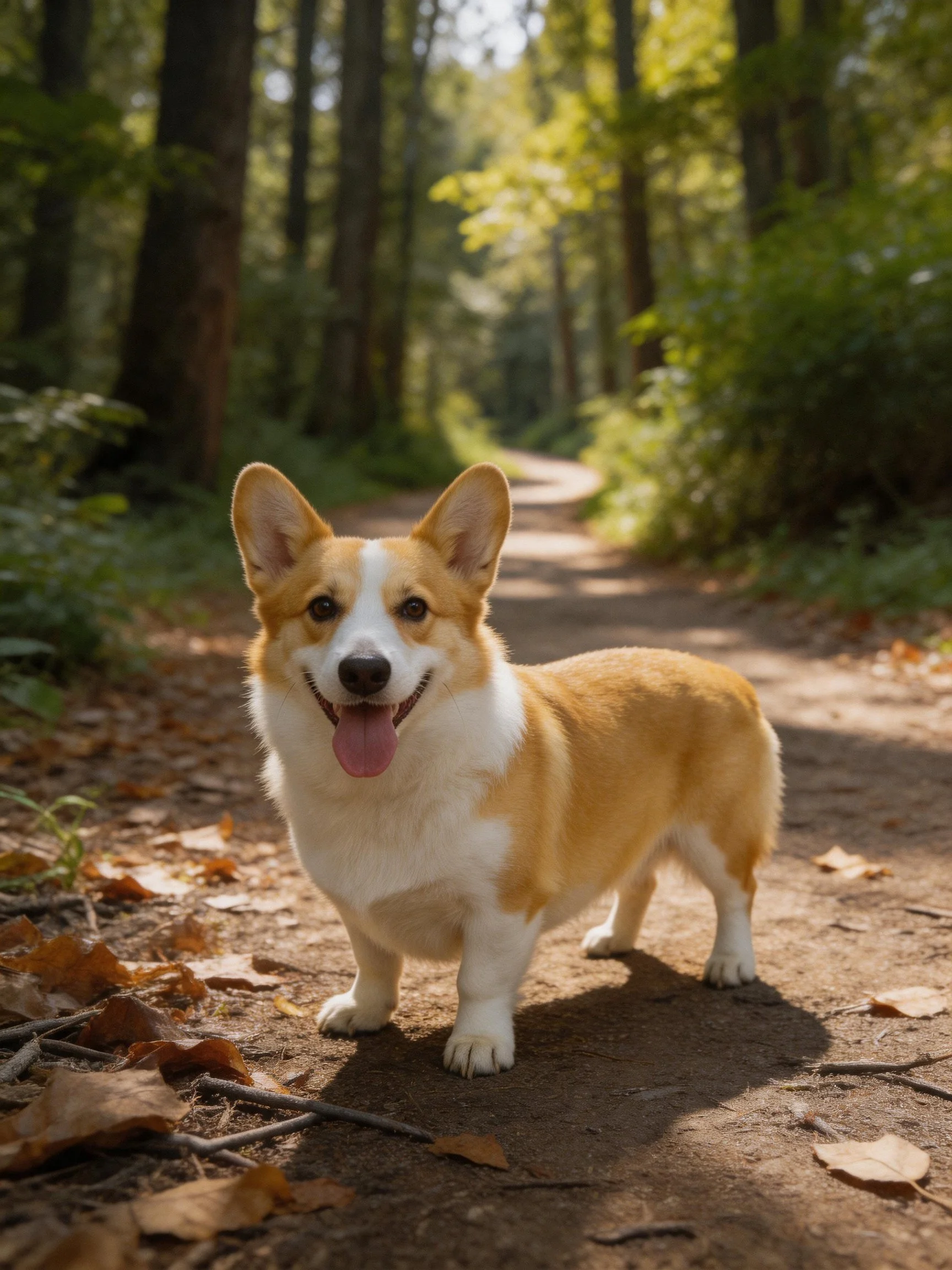 A happy corgi stands on a sun-dappled forest trail amid trees and fallen leaves.