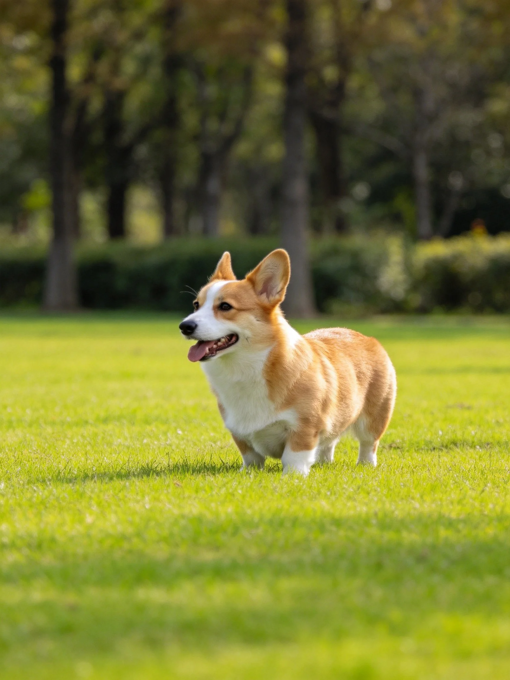 A corgi enjoys a sunny day on a lush green lawn with trees in the background.