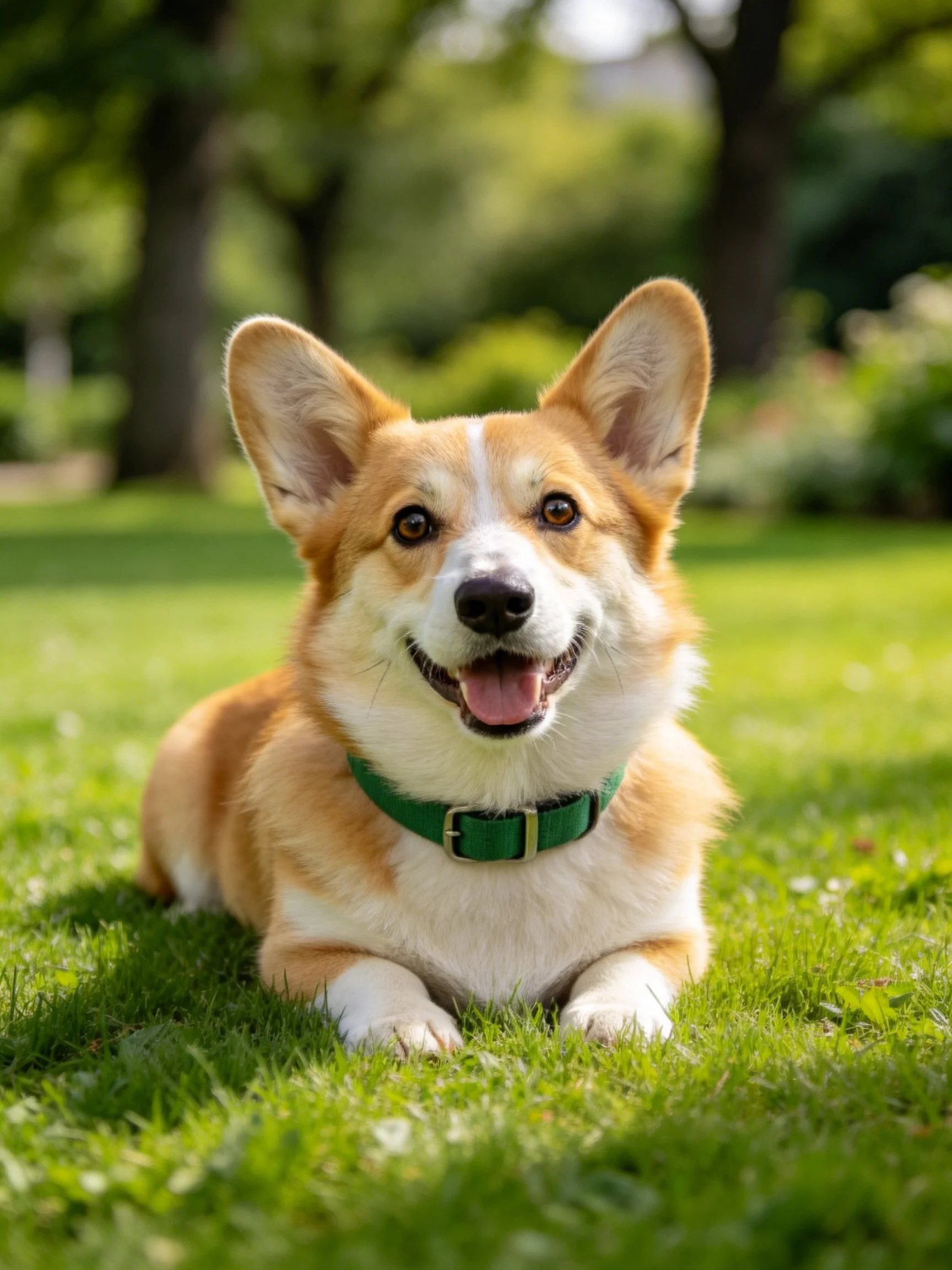 A cheerful corgi with a green collar relaxes on bright green grass