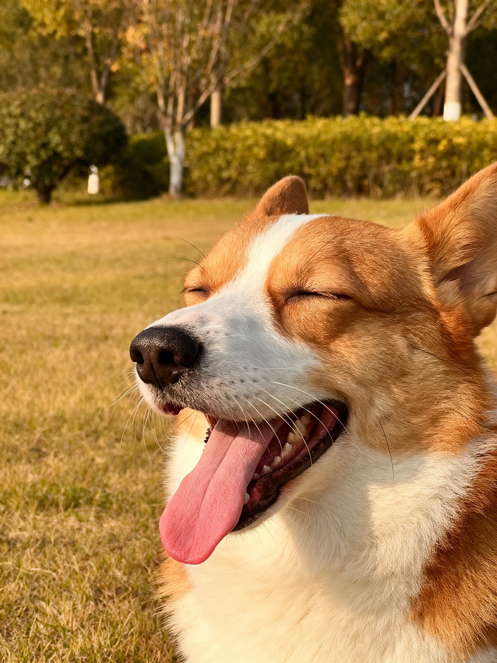 A content corgi with closed eyes and an extended tongue relaxes in a sunlit outdoor space.