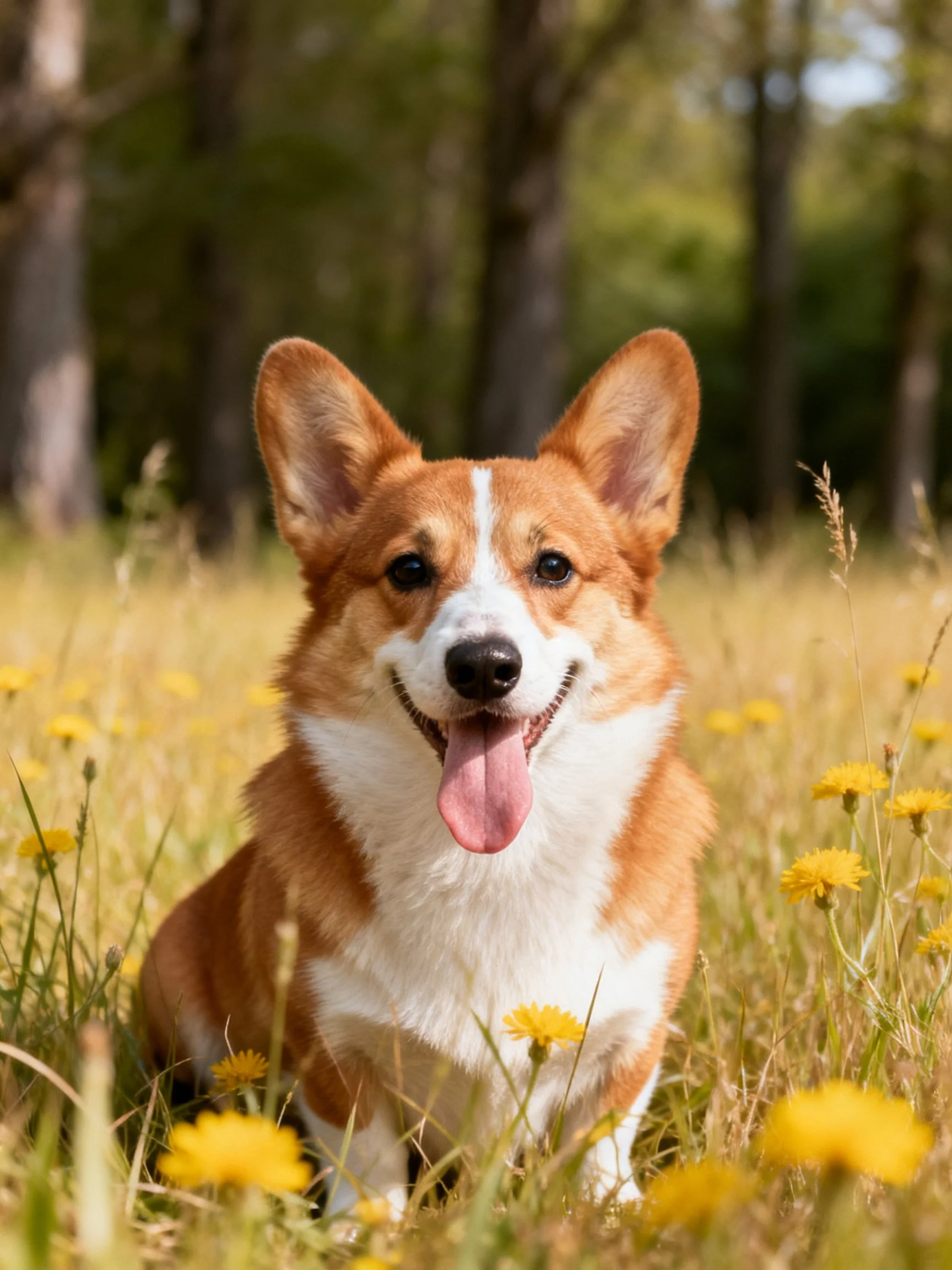 A corgi with tan and white fur enjoys a sunny meadow filled with yellow flowers