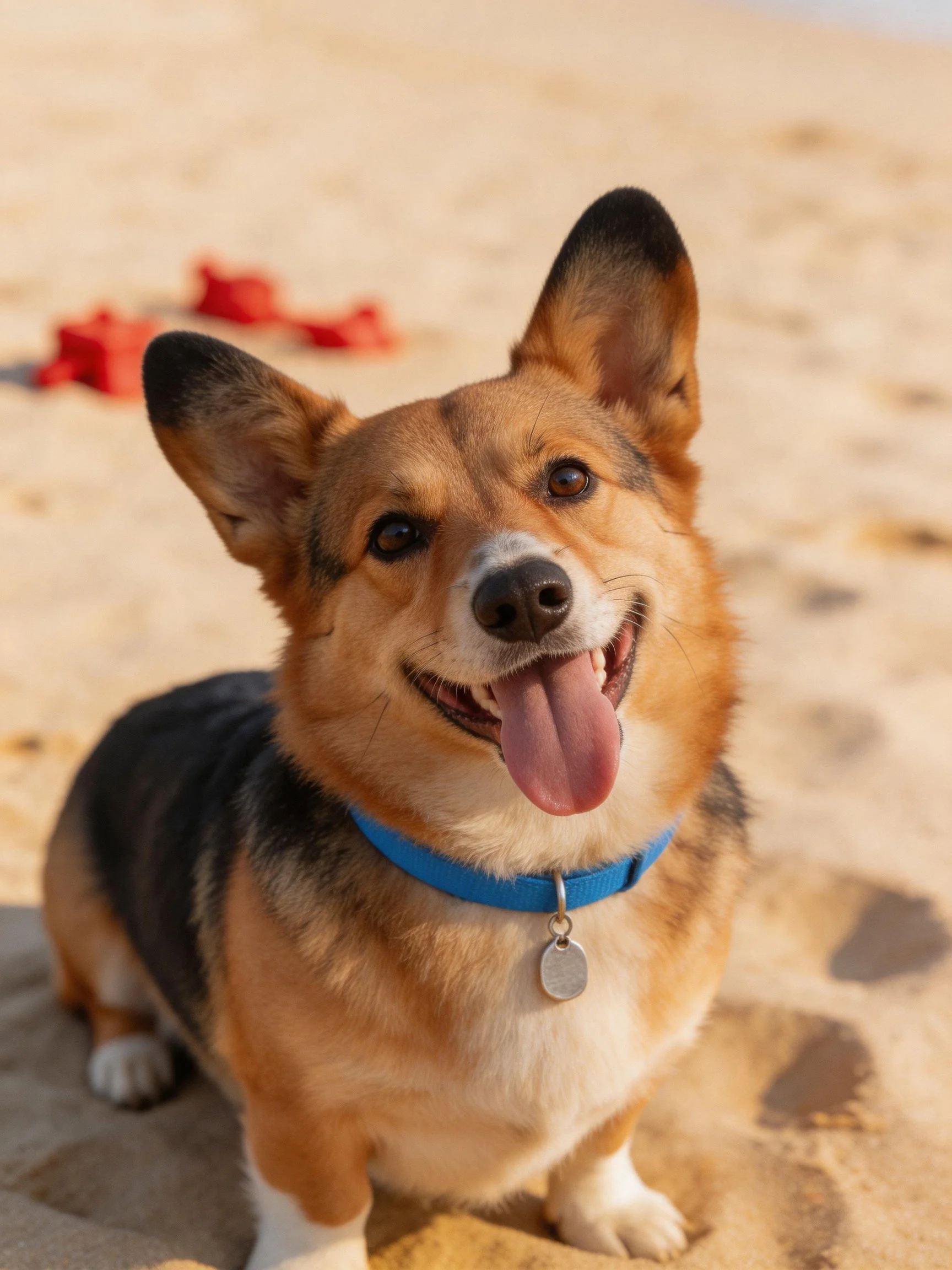 A cheerful corgi with tri - colored fur on sandy beach