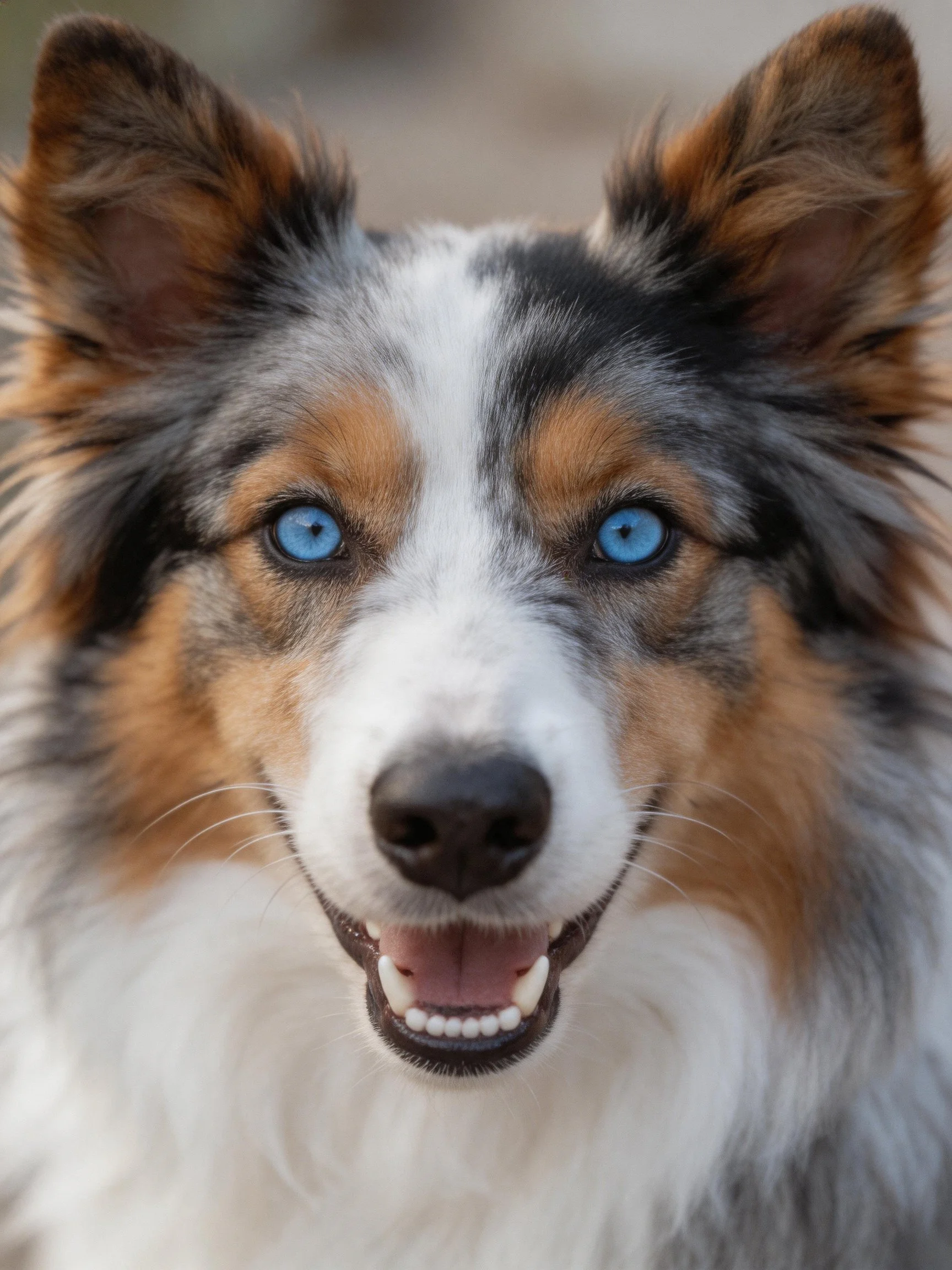 A cheerful dog with blue eyes smiles warmly.