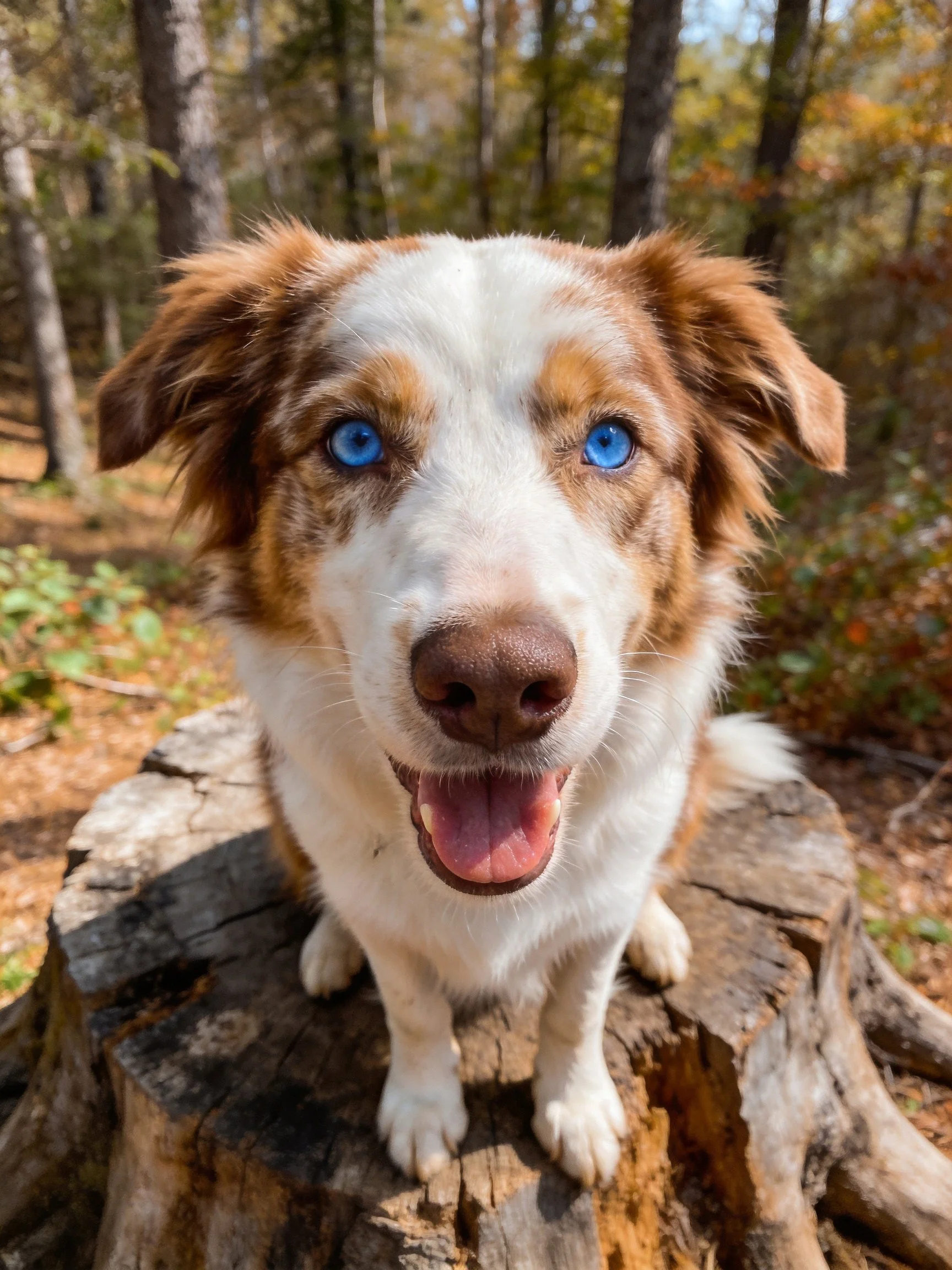 A cheerful dog with blue eyes sits on a tree stump in an autumn forest setting.