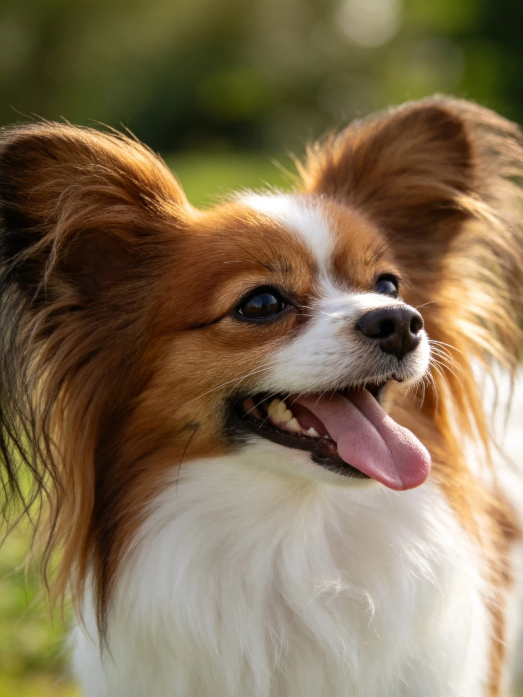 A cheerful dog with brown and white fur enjoys the sunny day.