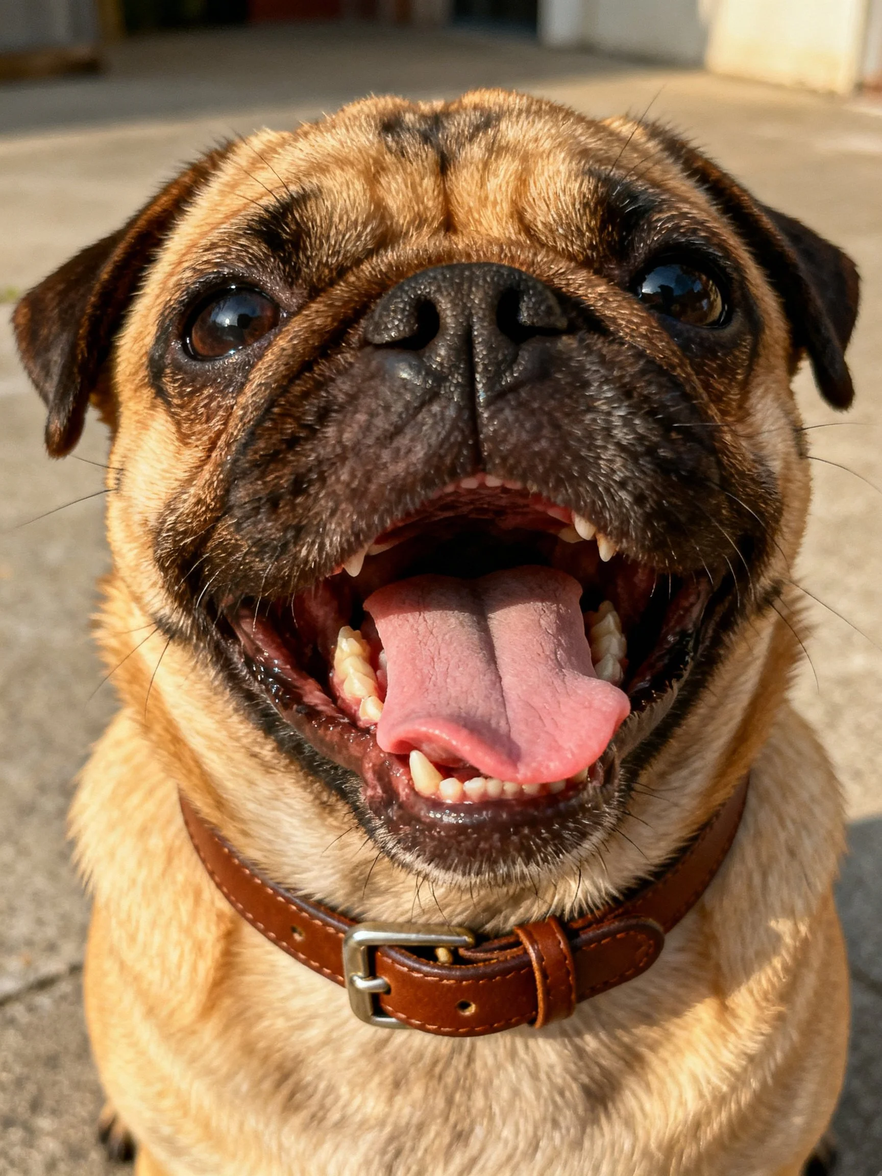 A happy pug displays a relaxed demeanor with its mouth open.