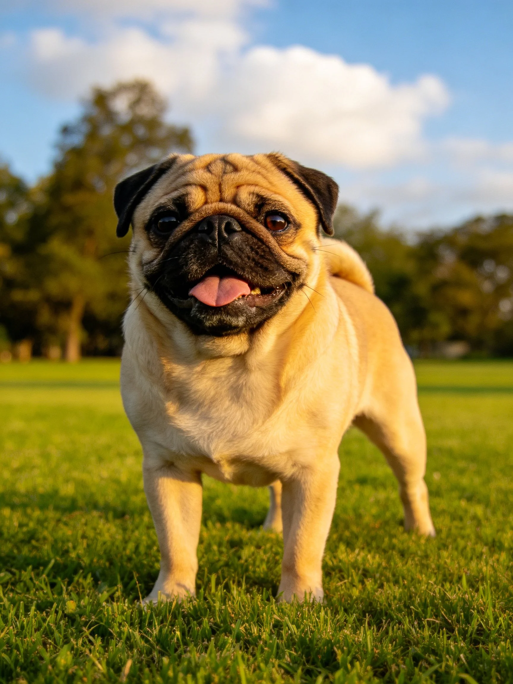 A cheerful fawn pug stands happily on green grass in a sunny outdoor area.