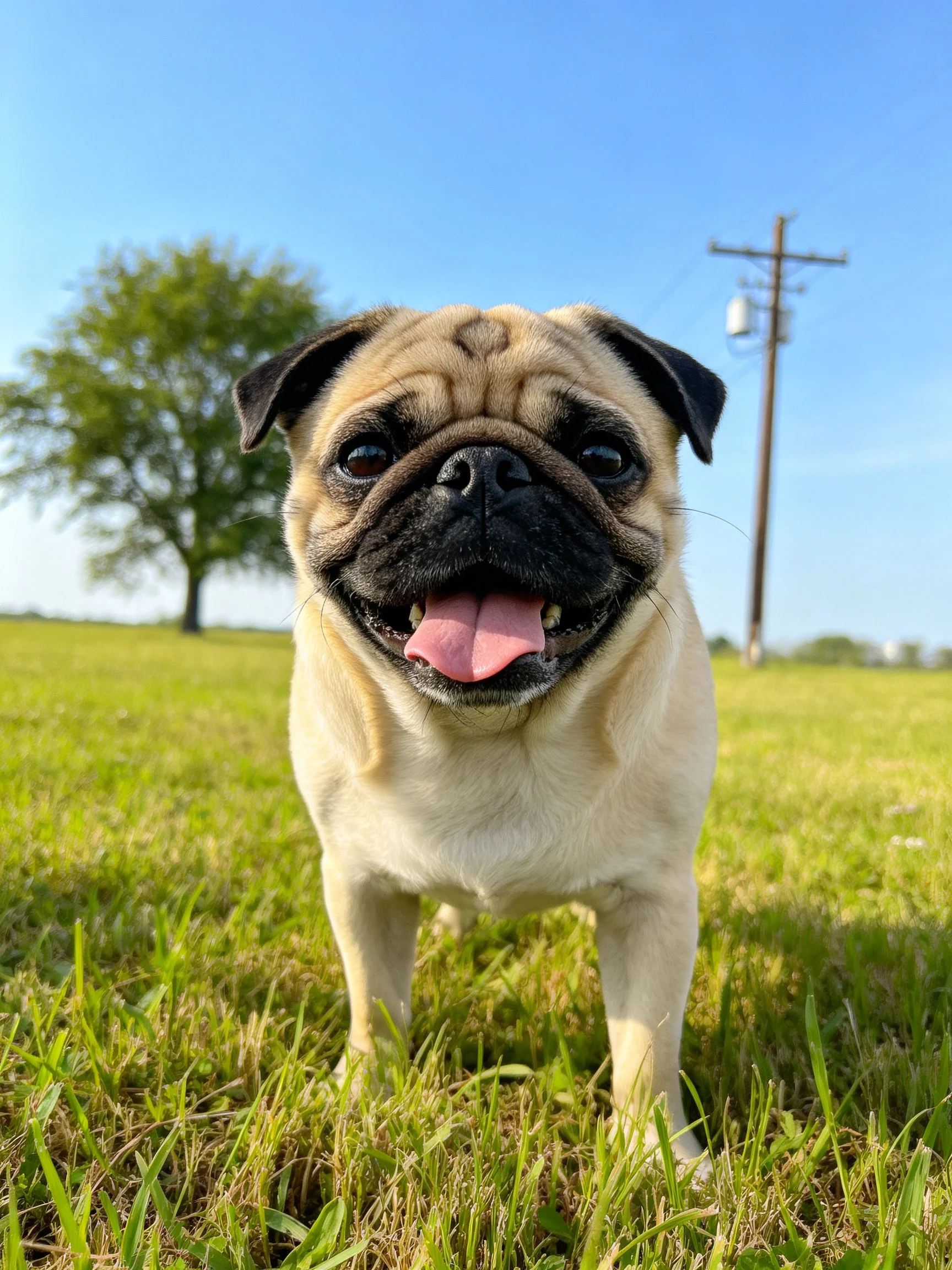 A happy pug stands on grass in a sunny field with trees and a utility pole.