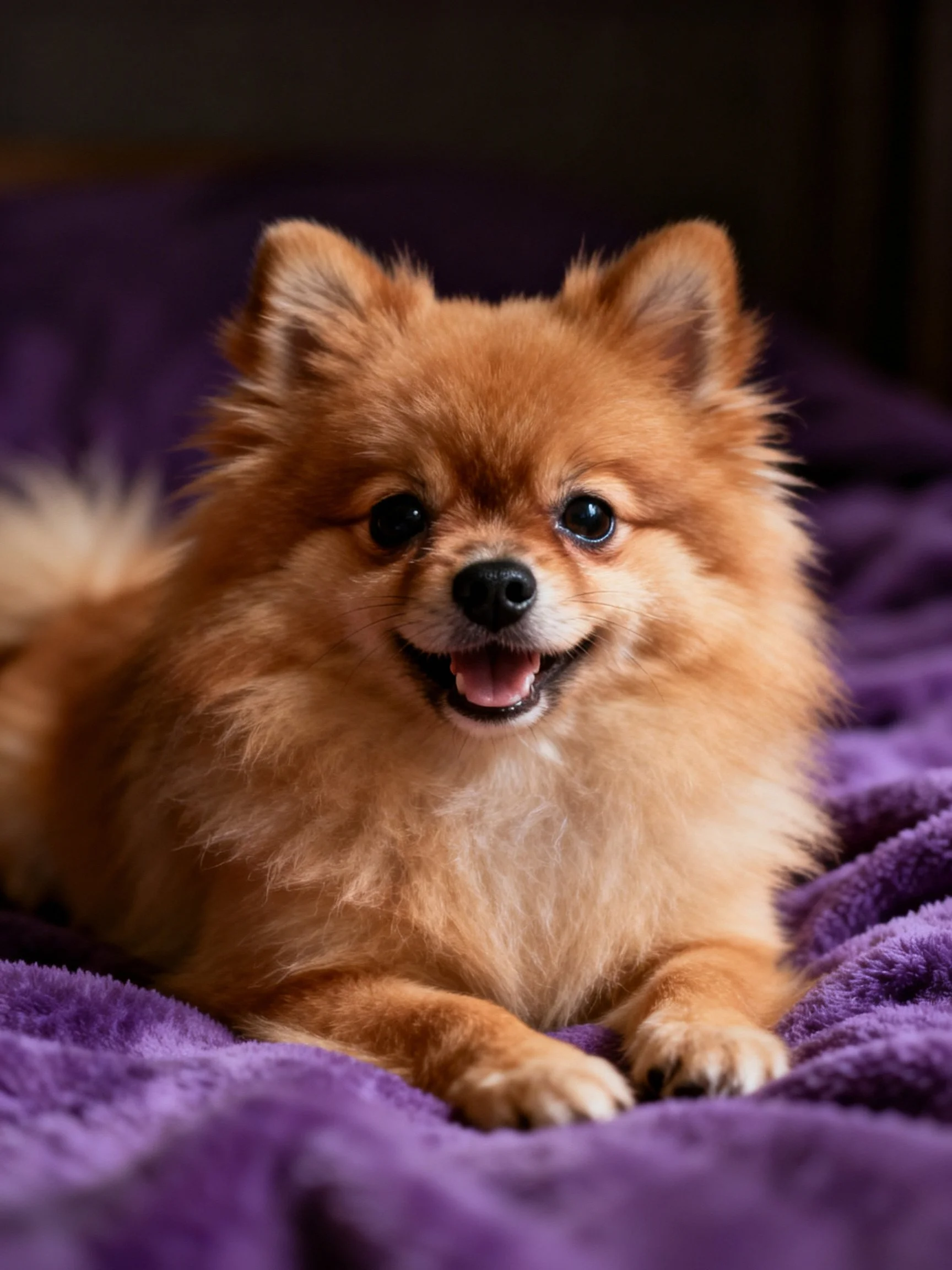 A golden-brown Pomeranian relaxes on a purple blanket.