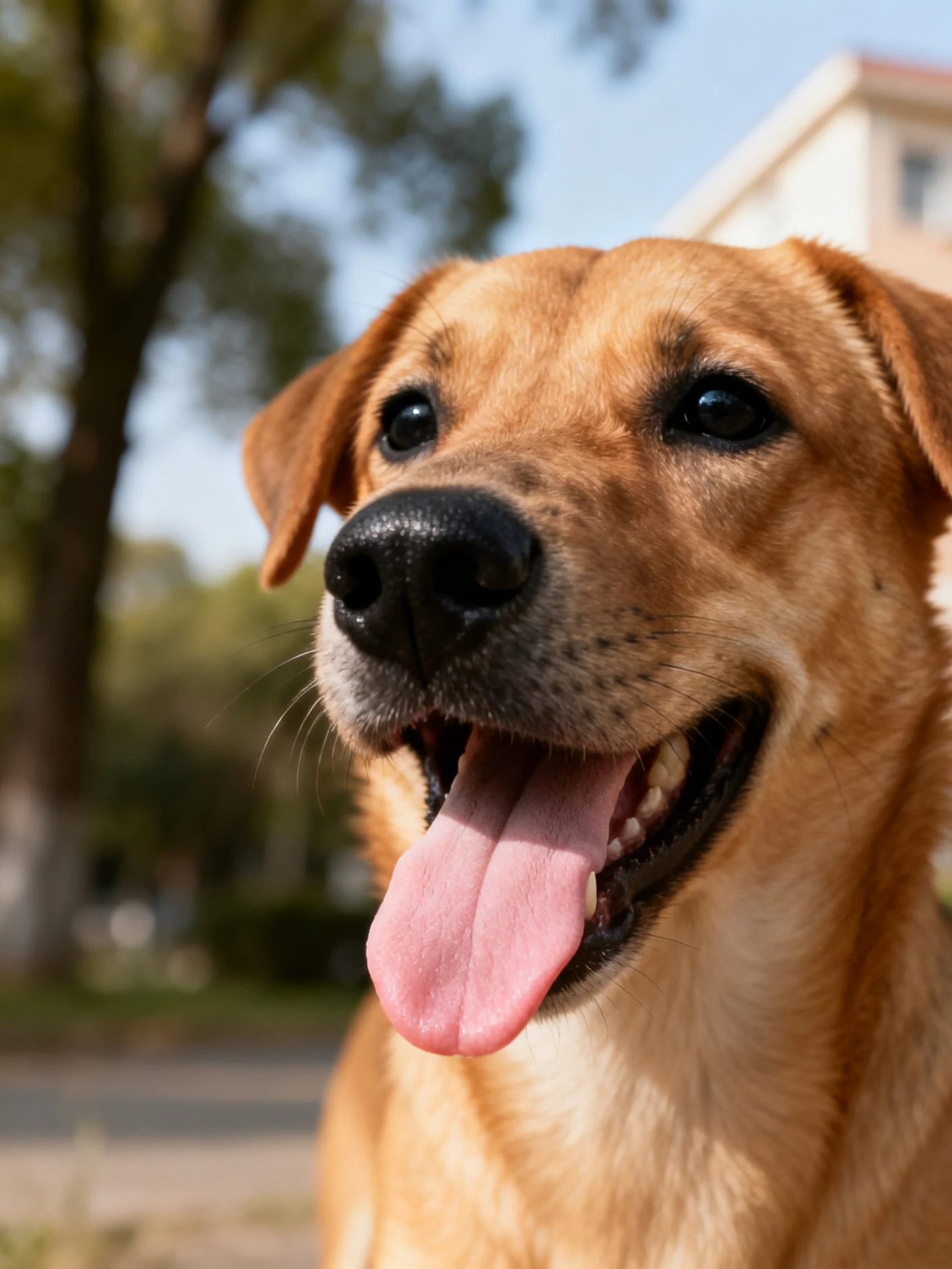 A cheerful golden retriever mix panting outdoors near trees