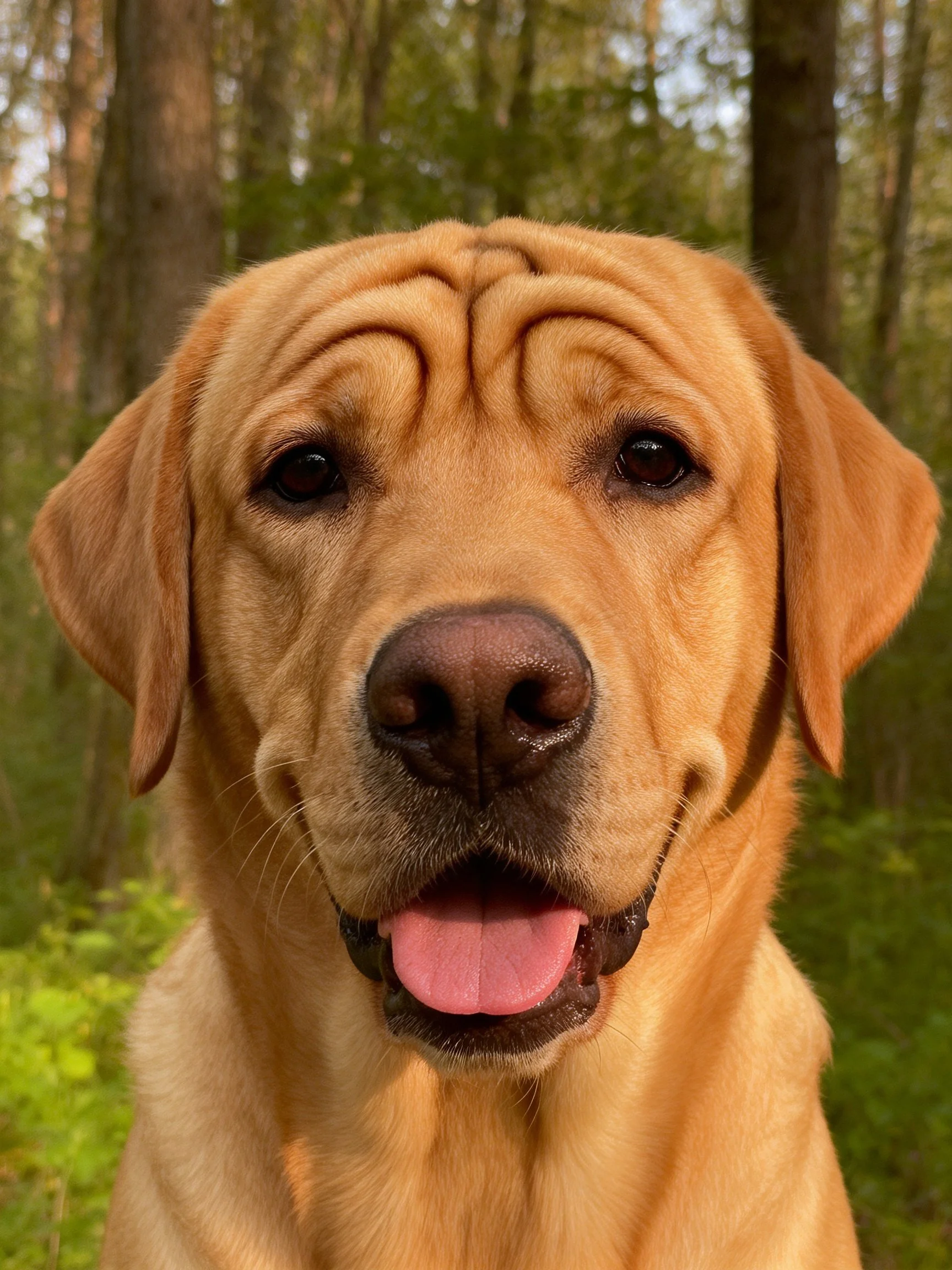 A cheerful golden retriever poses in a sunlit forest backdrop