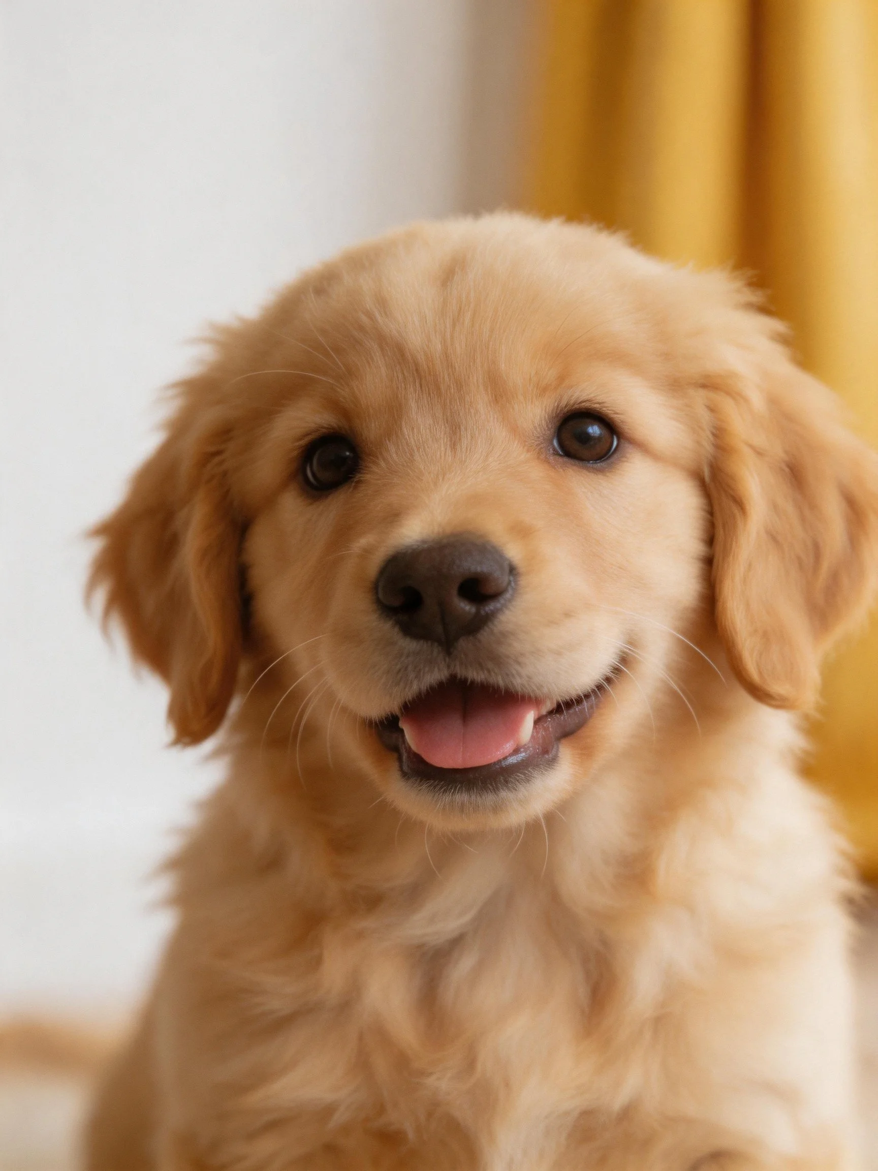 A cheerful golden retriever puppy with fluffy tan fur and bright eyes