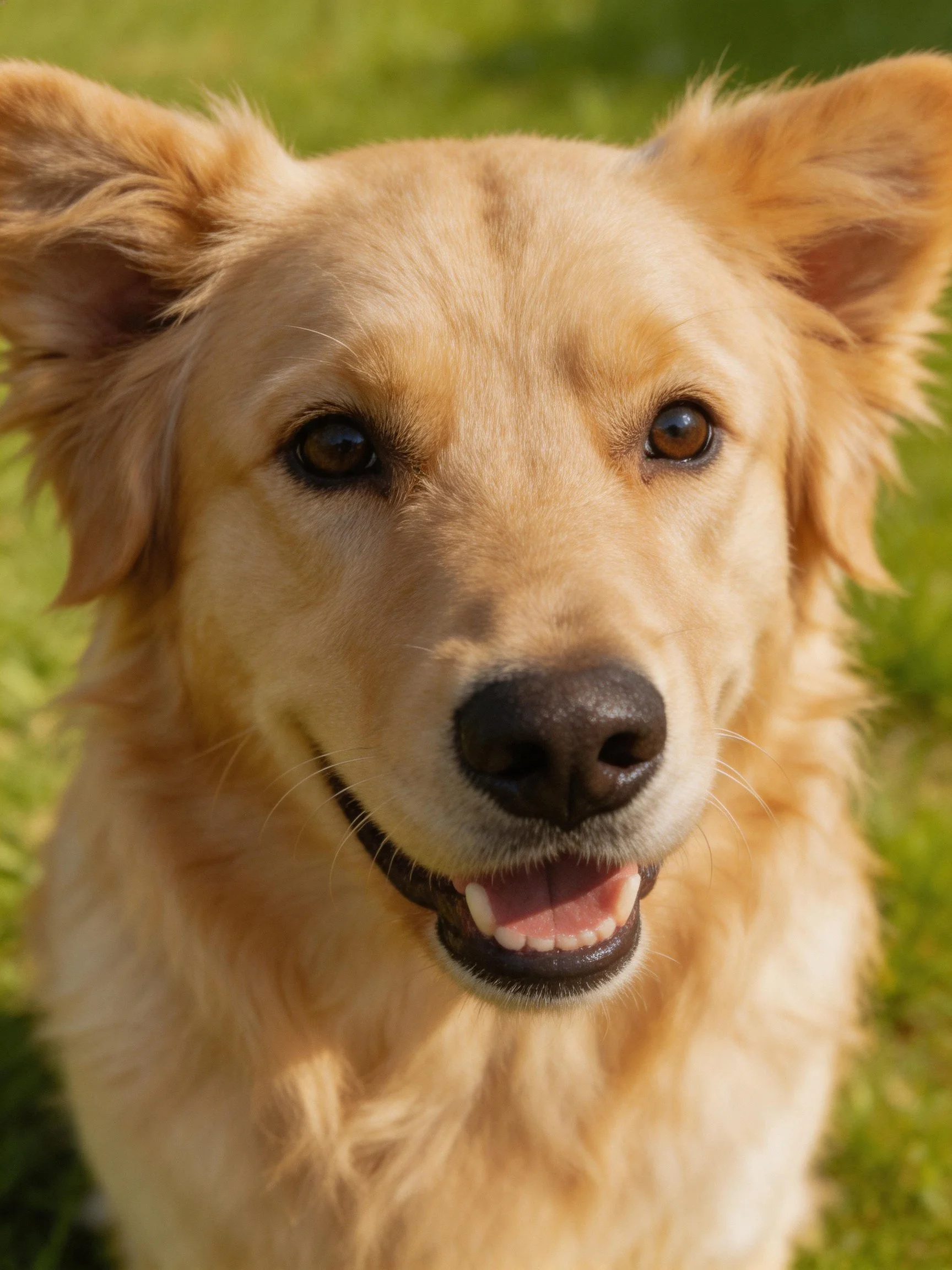 A golden retriever smiles contentedly in a sun-drenched outdoor area with green surroundings.