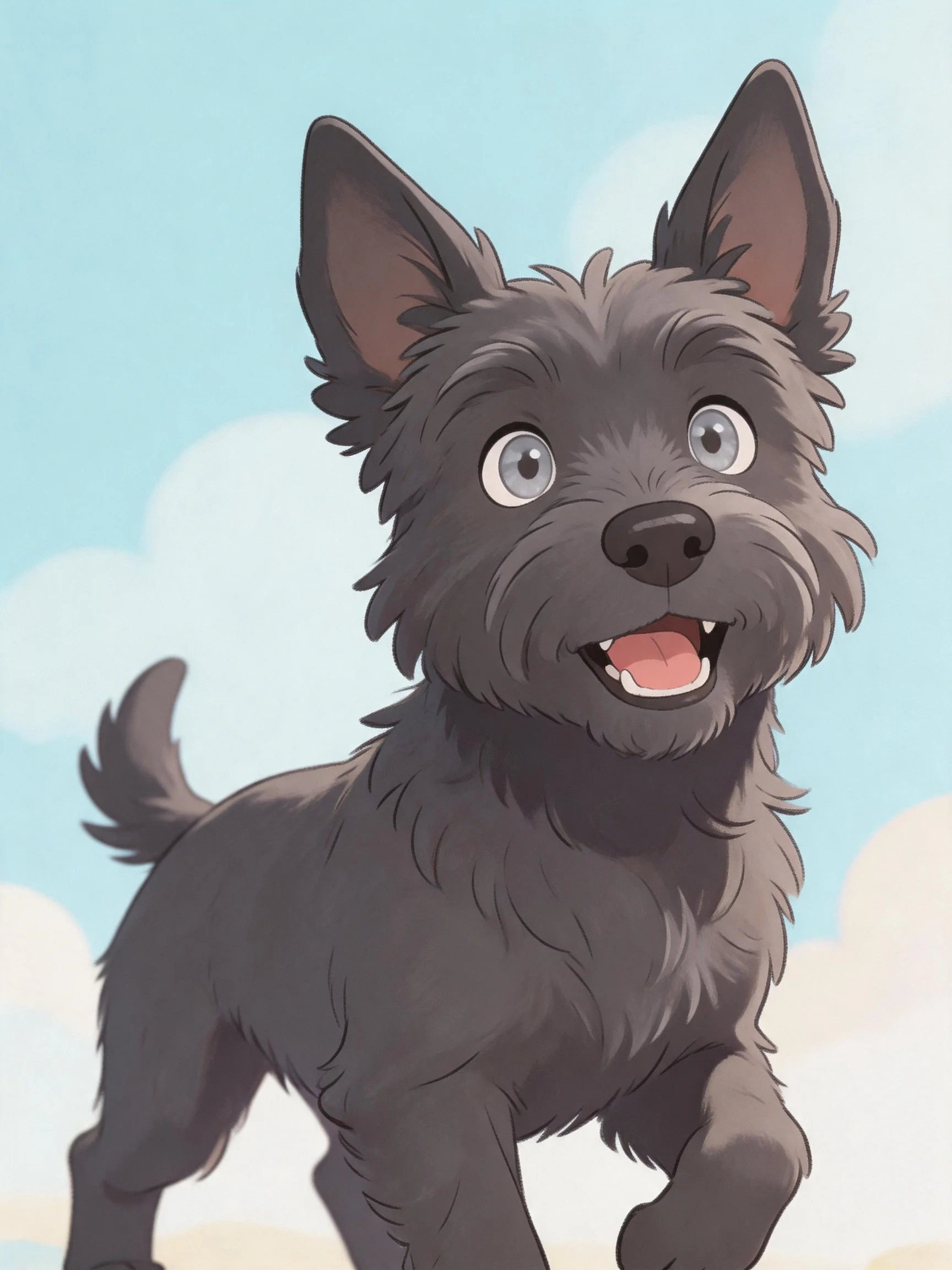 A cheerful gray cartoon dog stands happily with a bright expression.