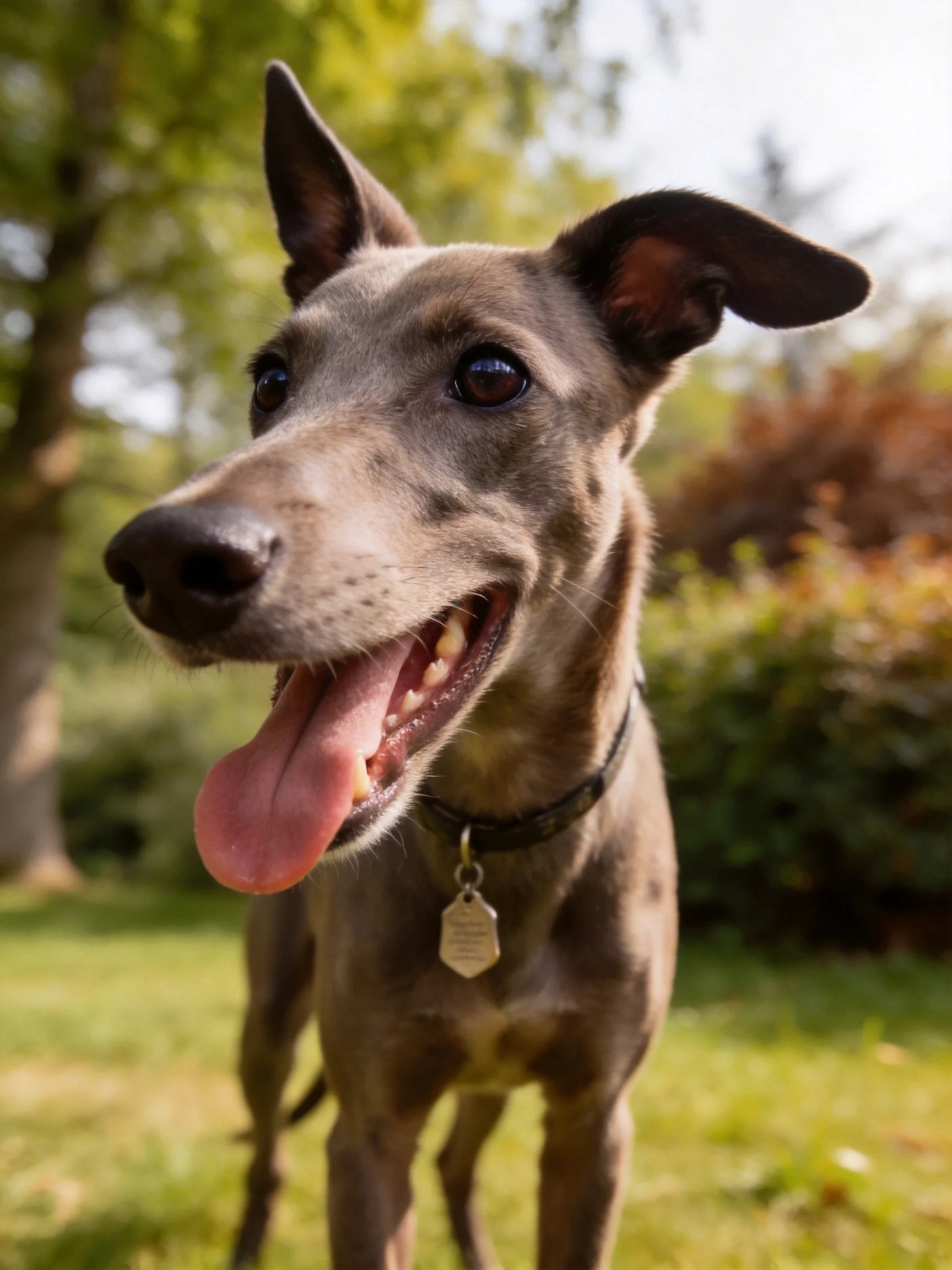 A cheerful gray dog with upright ears in a sunlit garden
