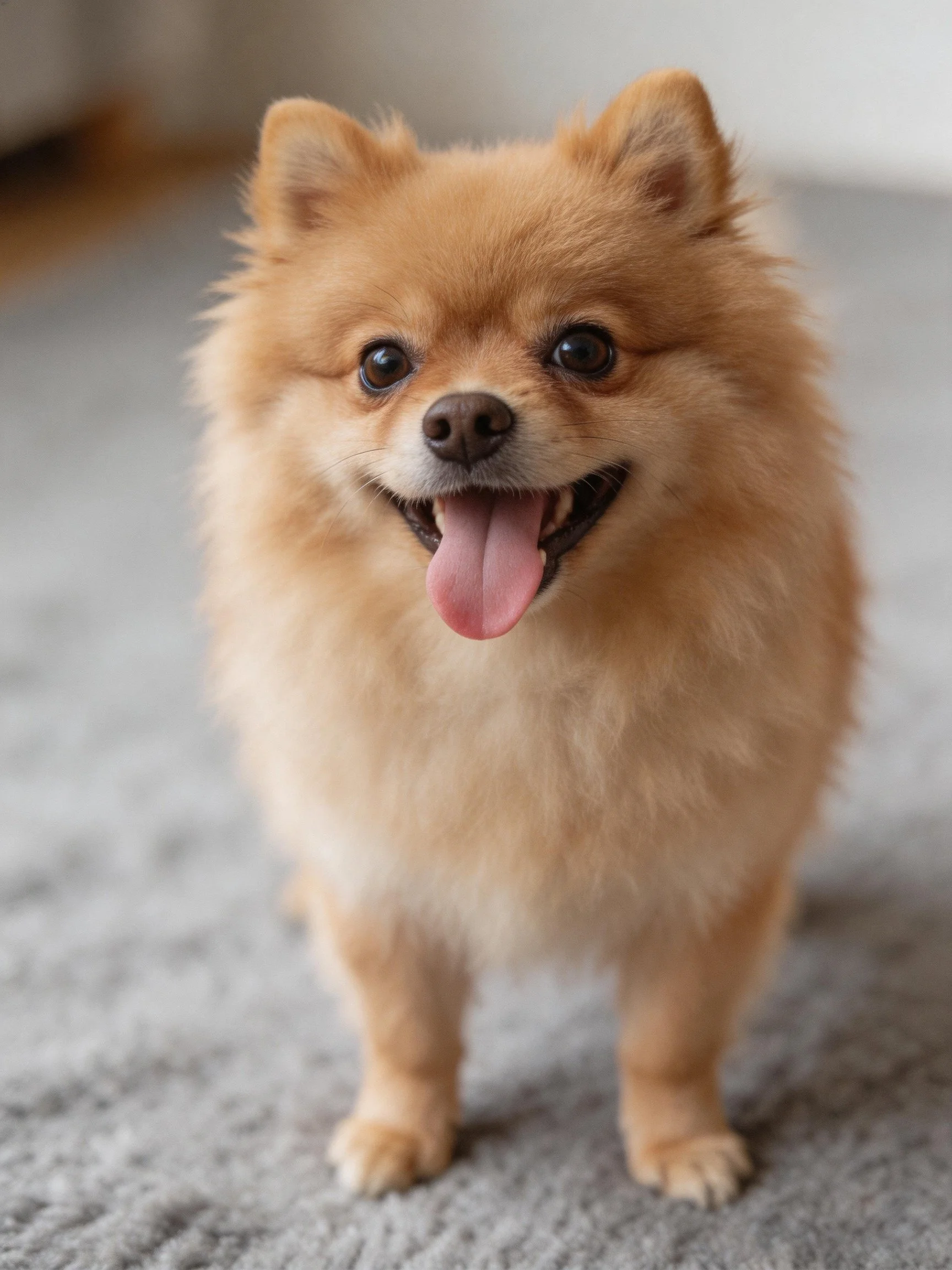 A happy Pomeranian with a pink tongue stands on a gray carpet