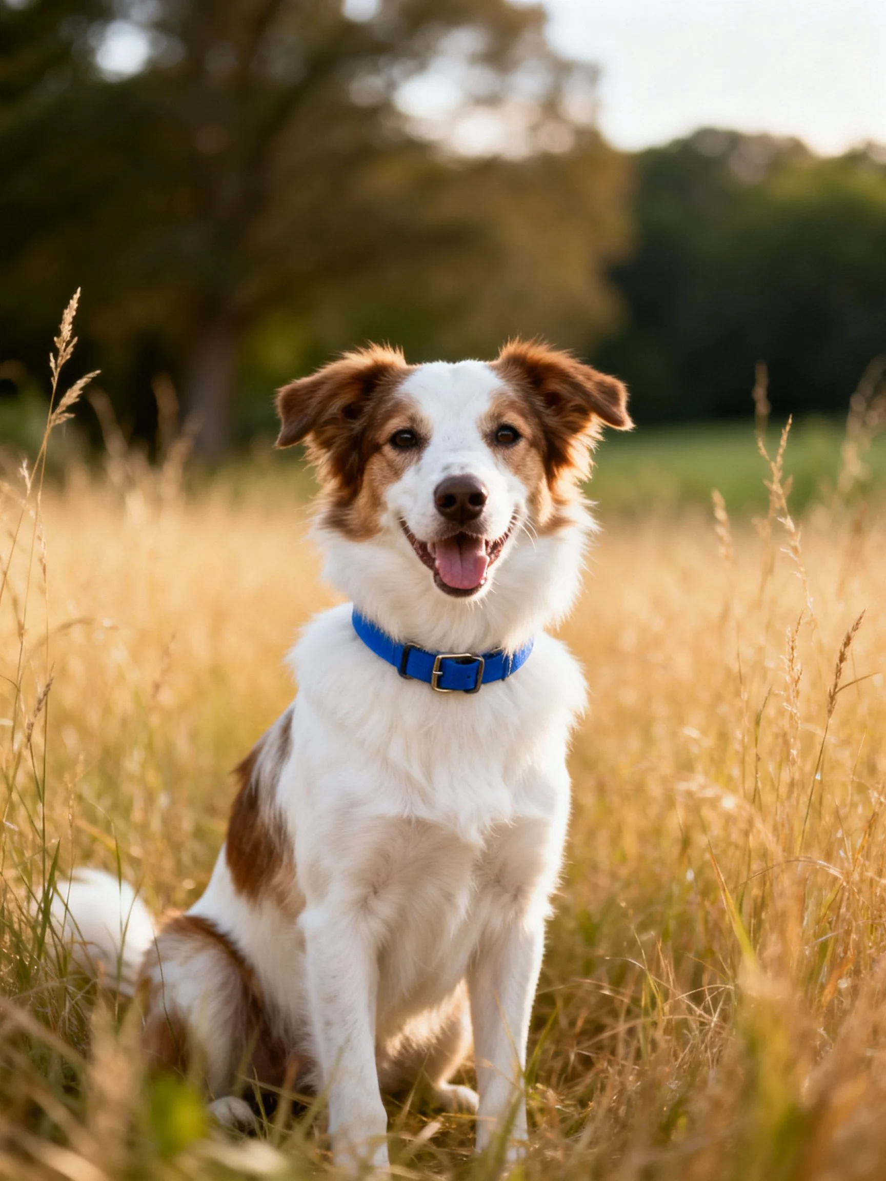 A cheerful mixed-breed dog with a blue collar sits in golden grass