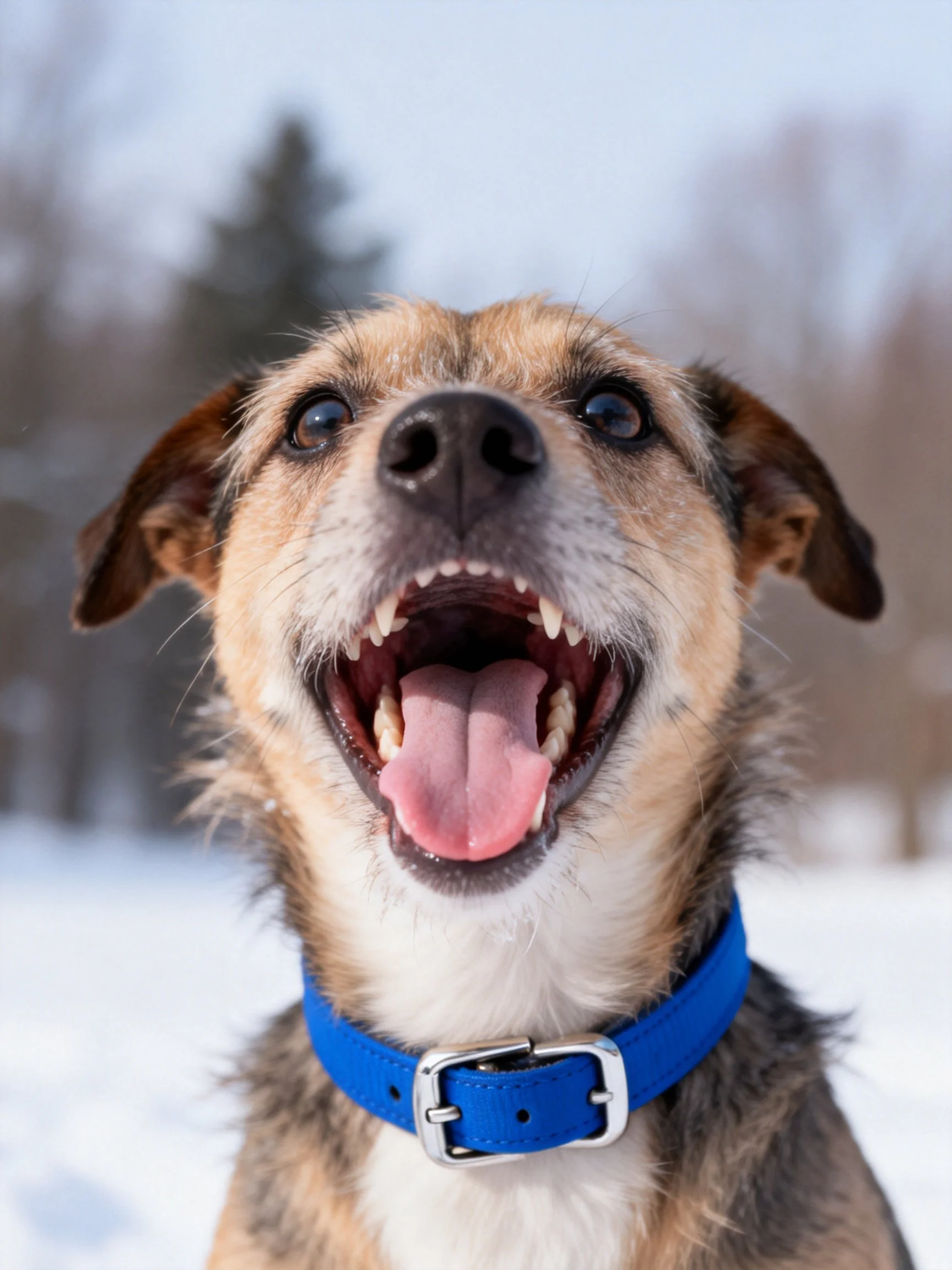 A cheerful mixed-breed dog with a bright blue collar barks joyfully in a snowy landscape