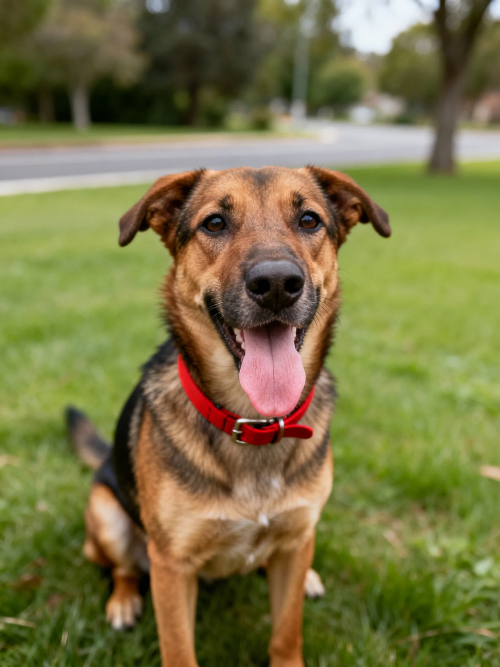 A cheerful mixed-breed dog with a red collar sits on green grass