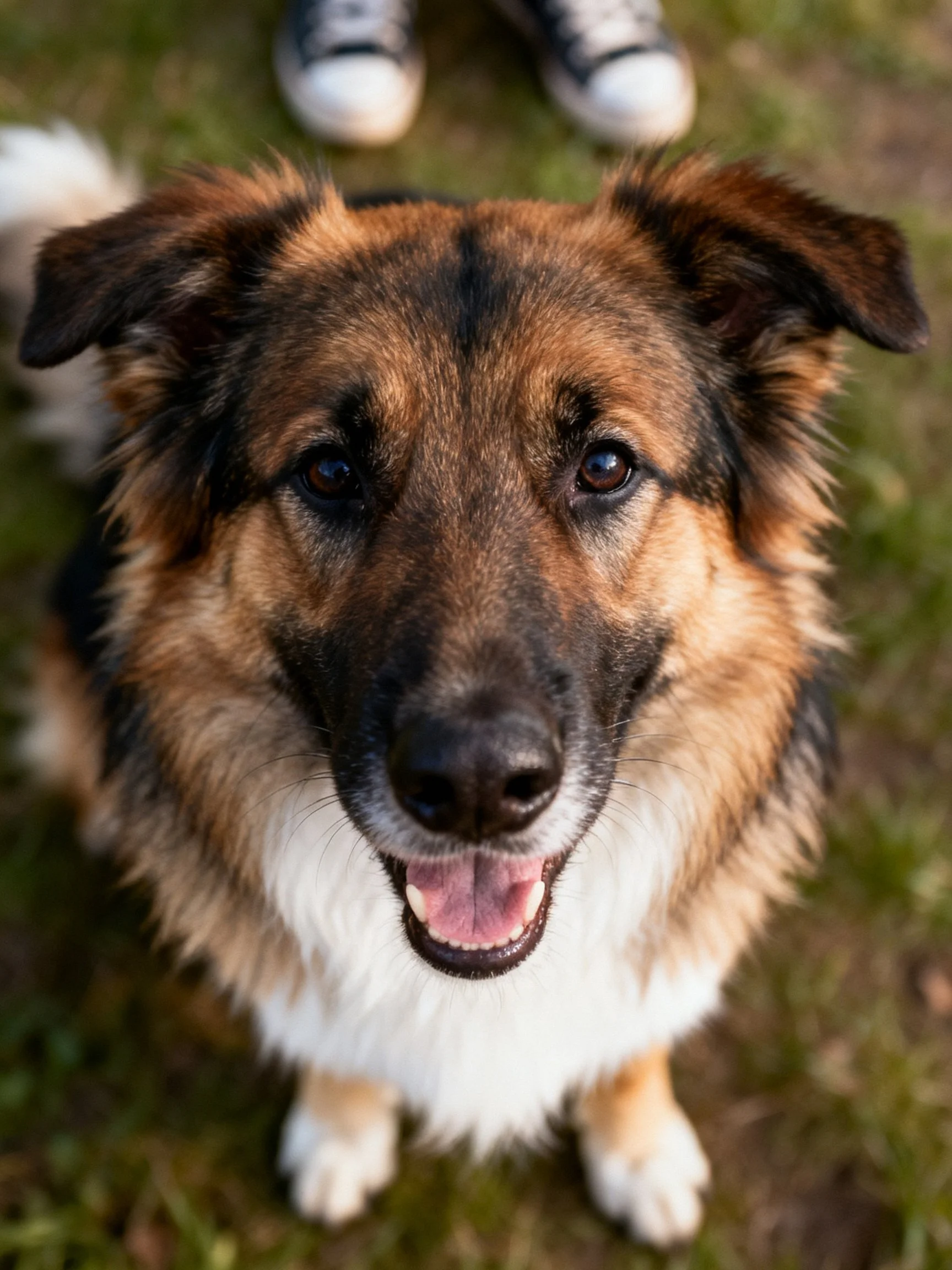 A cheerful mixed-breed dog with brown, black, and white fur on grass