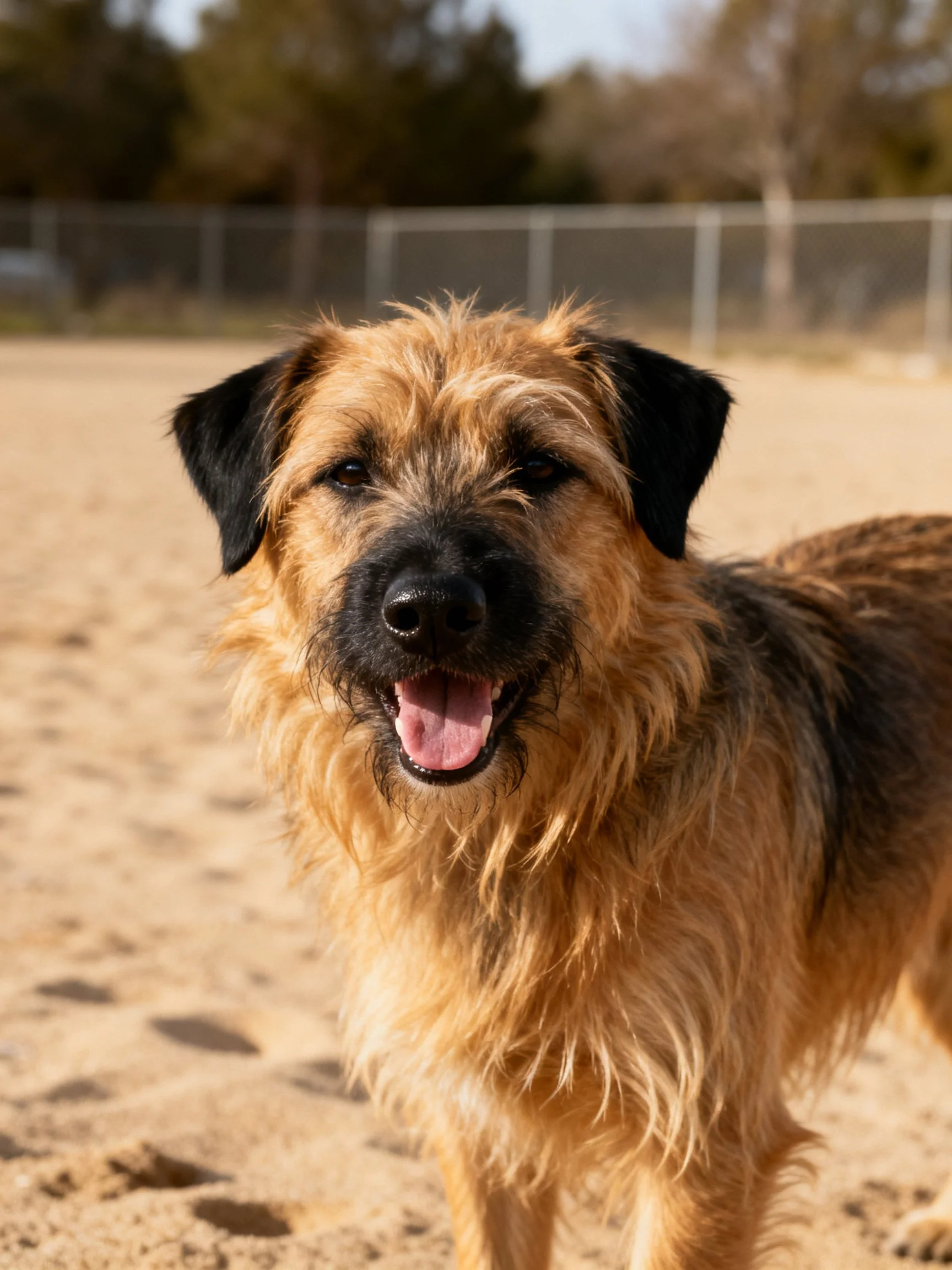 A cheerful mixed-breed dog with shaggy tan and black fur